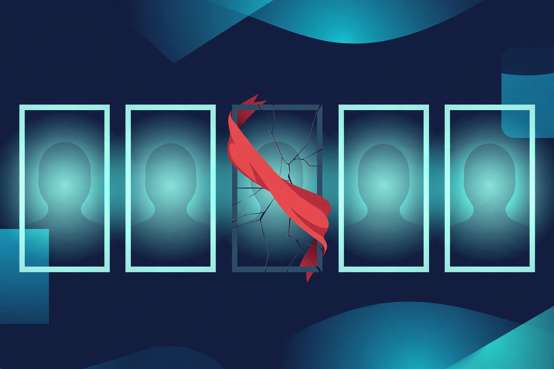 A row of anonymous author portrait frames on a wall with one cracked and flagged, representing the audit of fabricated author profiles