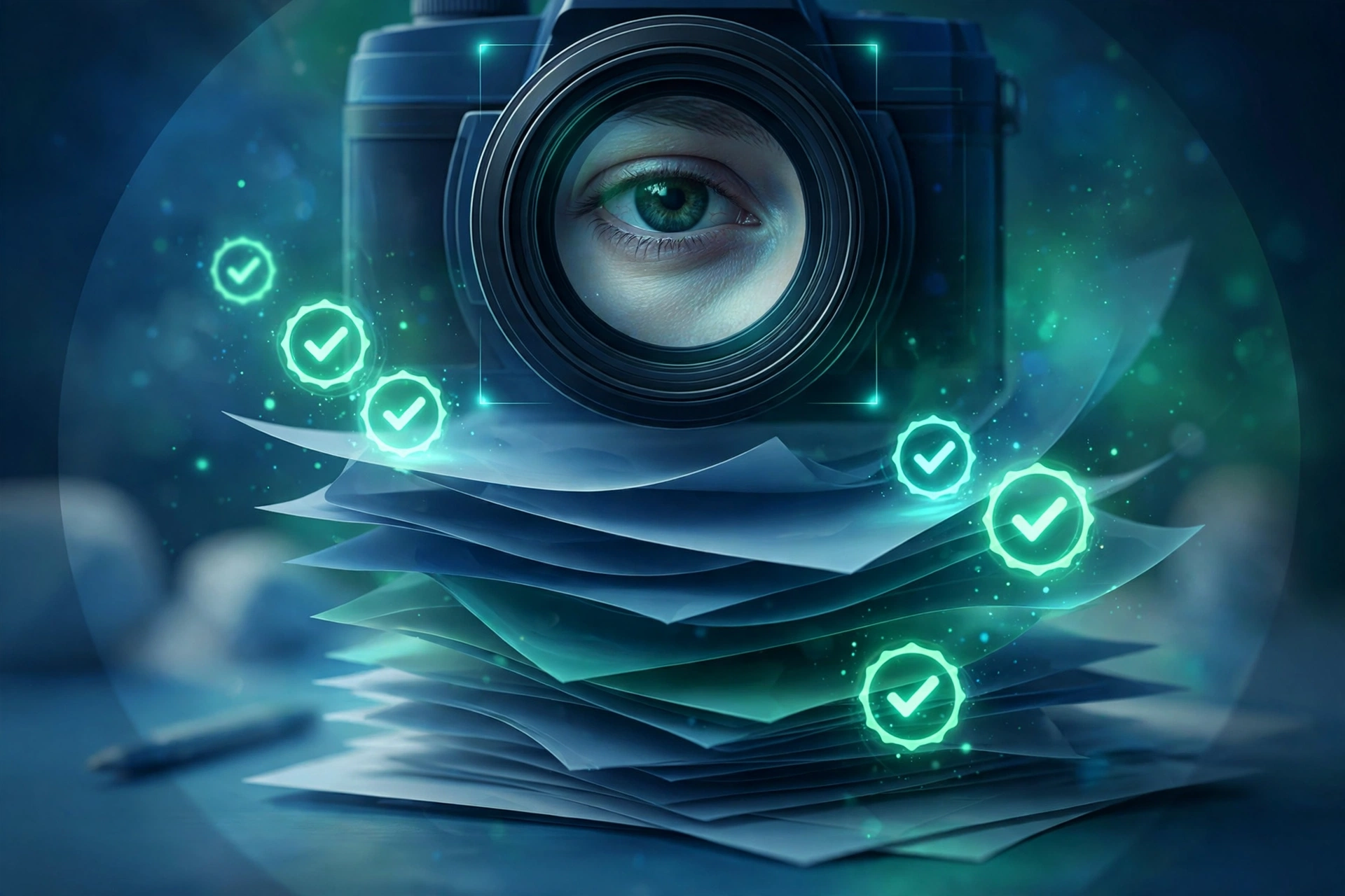A watchful eye behind a camera inspecting documents with glowing verification seals, representing the human review step in reconsideration