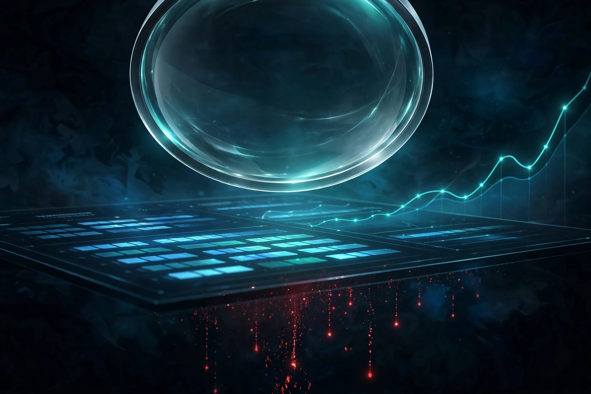 A magnifying lens hovering over glowing analytics bars and charts, with a few fading red data points dropping away