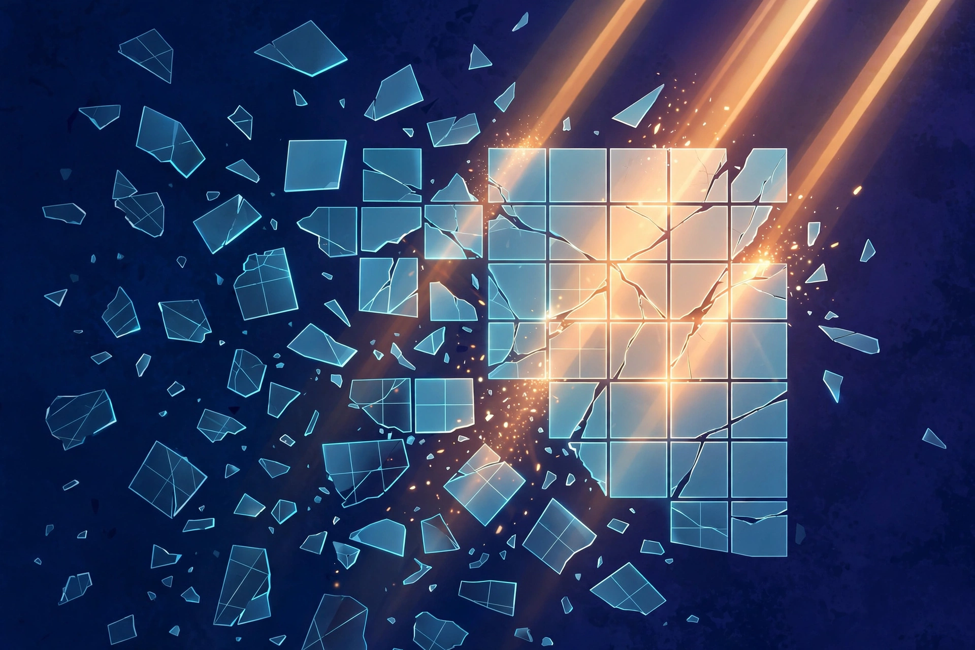 Fragmented glowing web-page pieces being reassembled by beams of light over a dark background