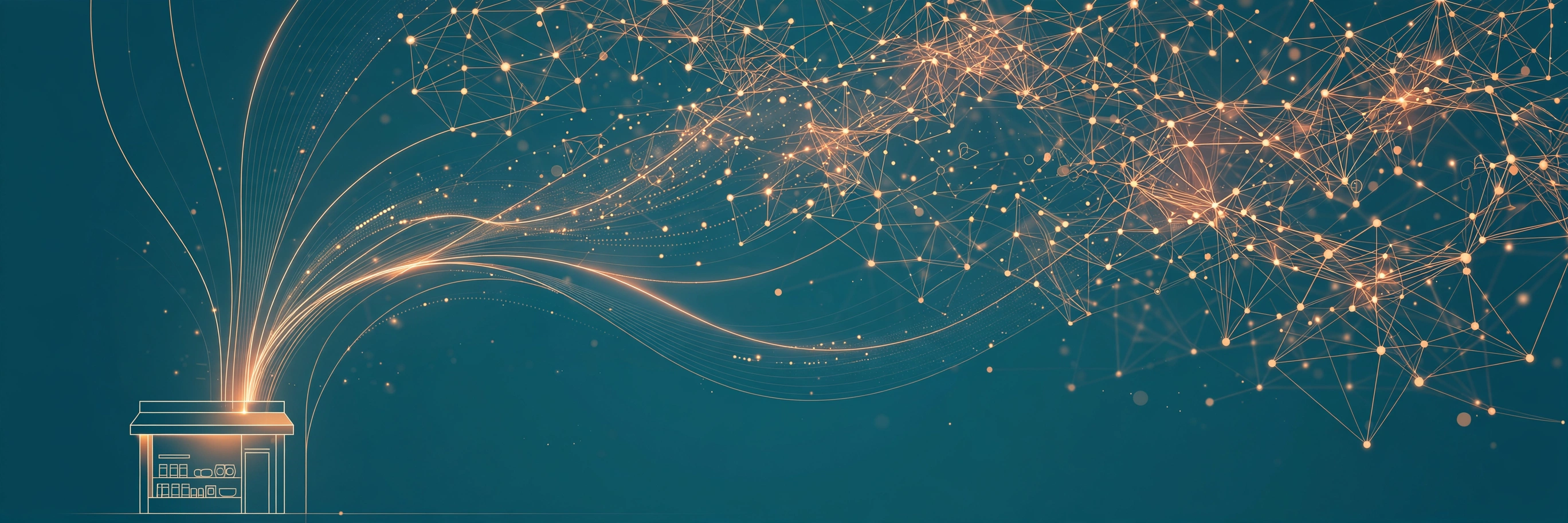Product feed lines streaming from a small online store into a glowing shopping graph network