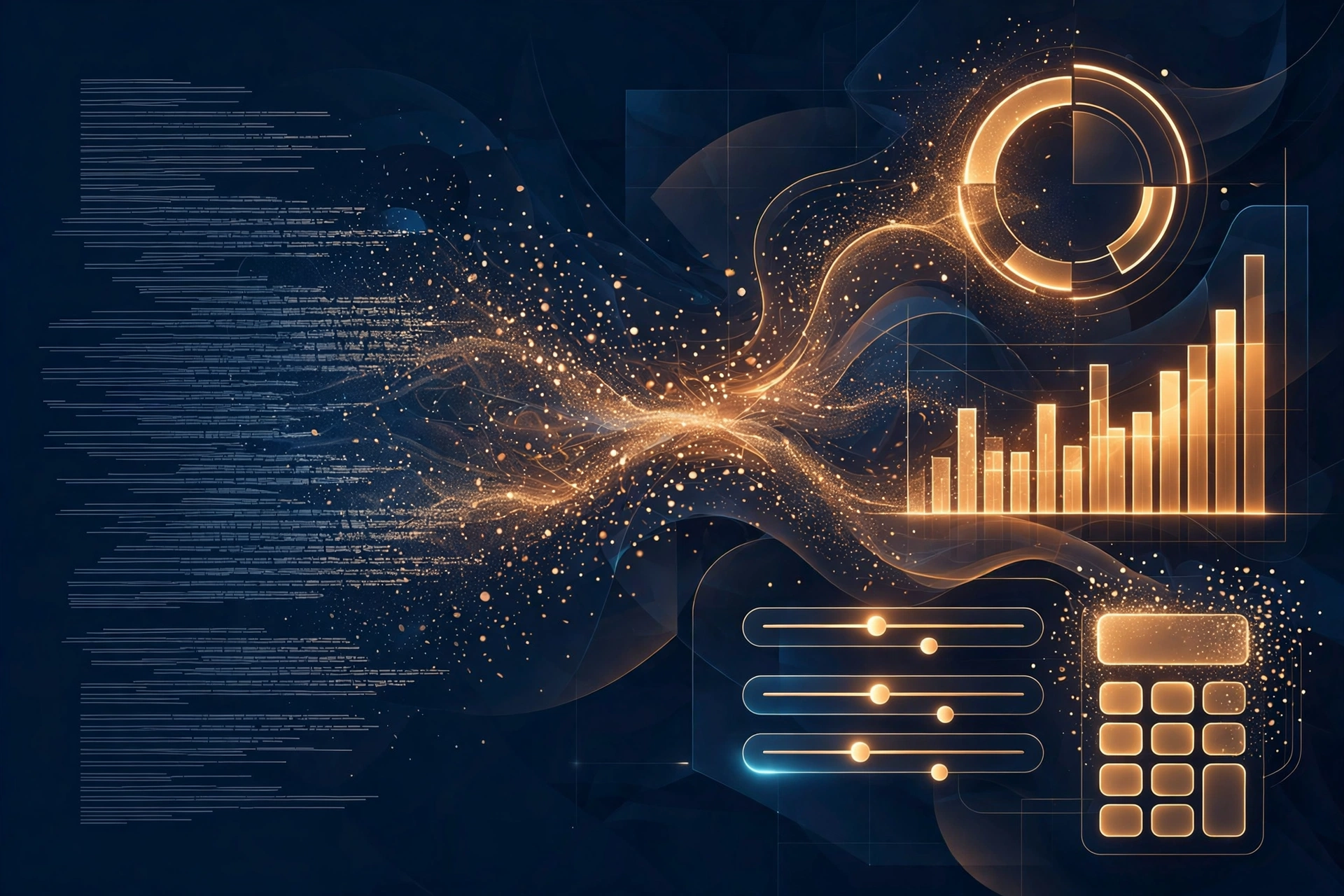 An abstract visualisation of text transforming into interactive interface components