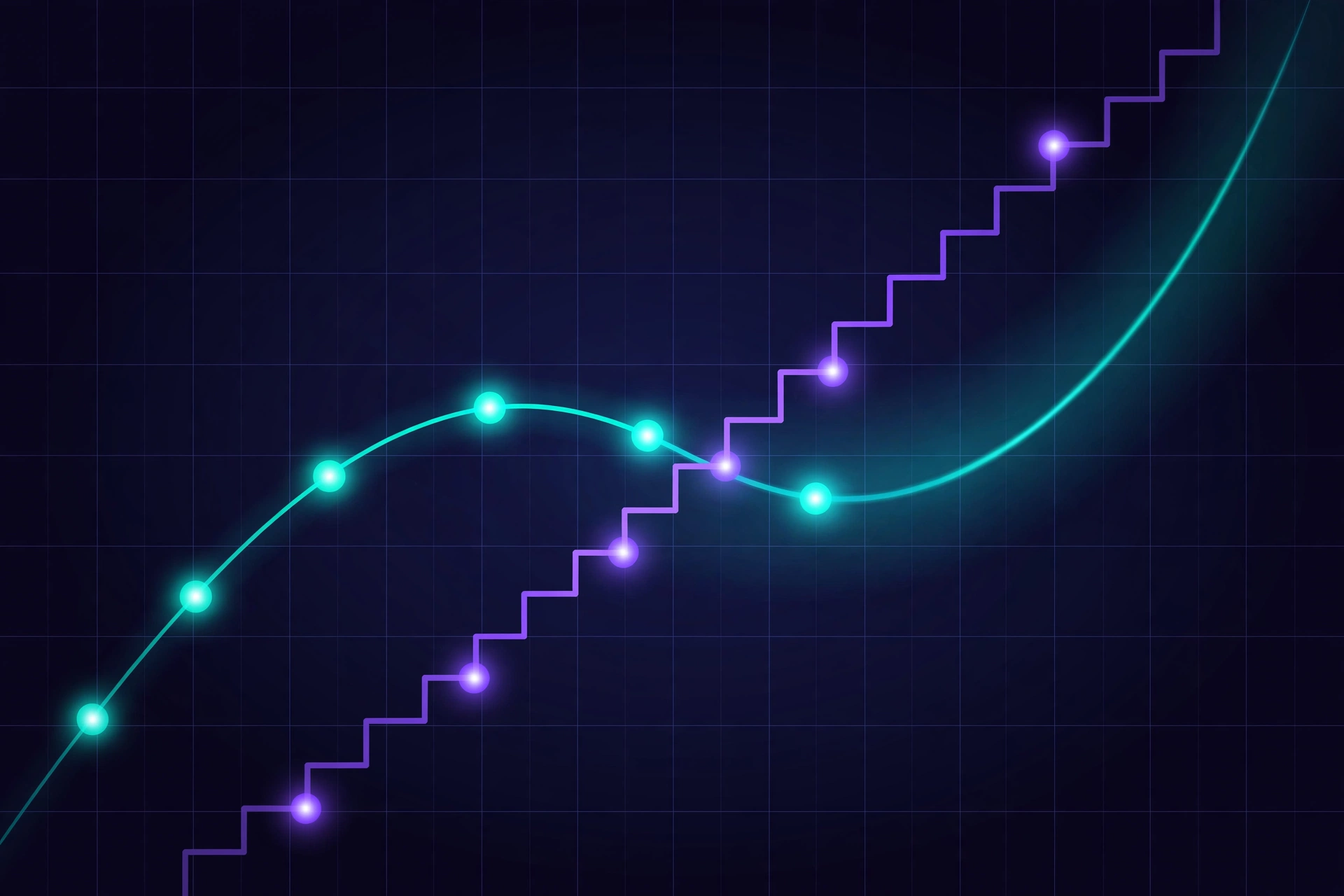 Two diverging growth paths: a smooth teal product-led curve with glowing nodes against a steeper violet sales-led stair-step trajectory
