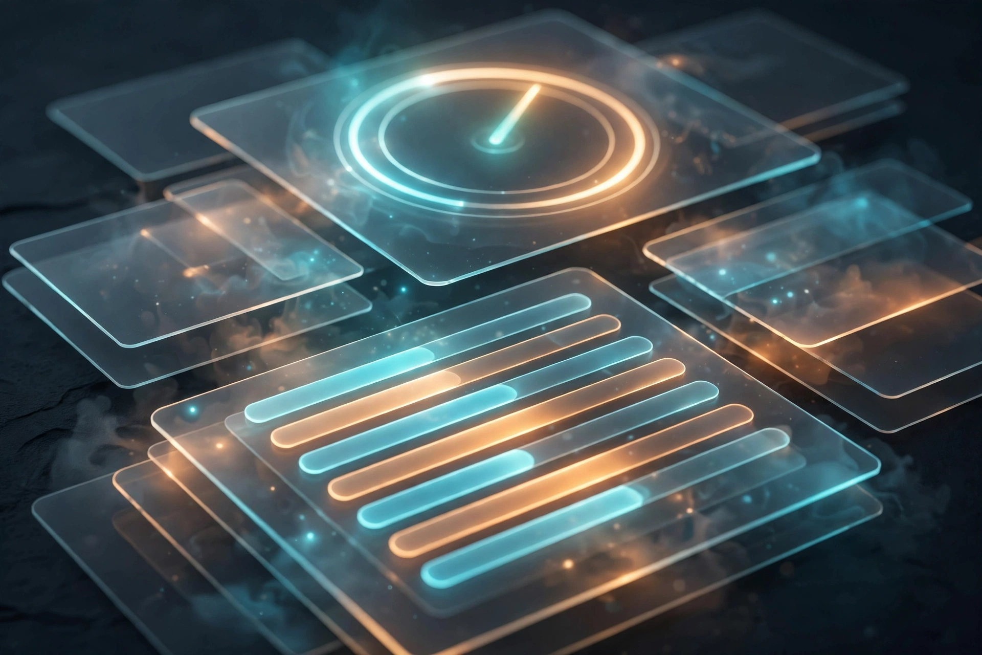 Abstract revenue dashboard concept: layered panels, a glowing meter dial and stacked progress bars in cyan and amber