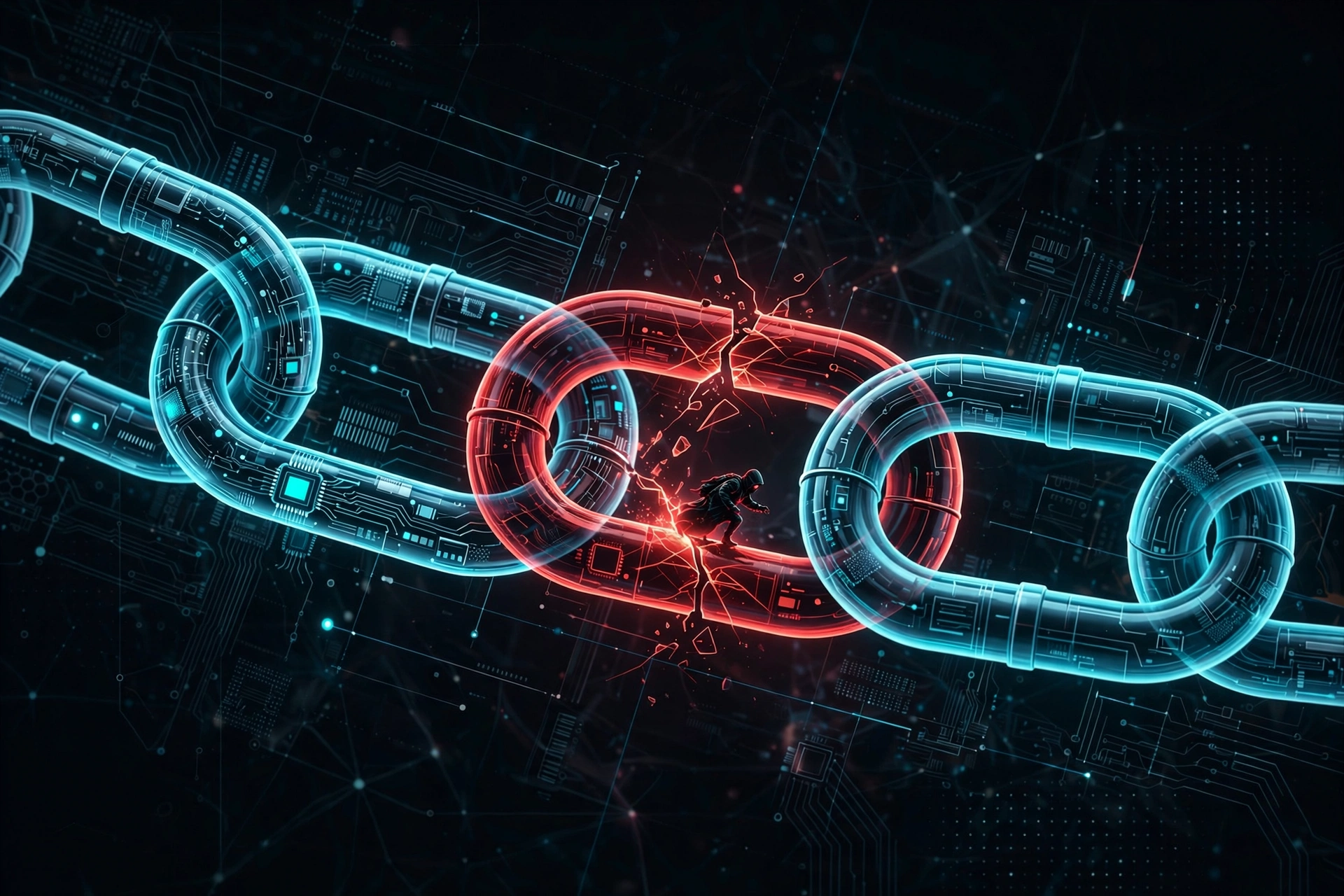 An abstract glowing supply chain of interlocking links with one cracked link letting an intruder slip through, representing compromised npm packages