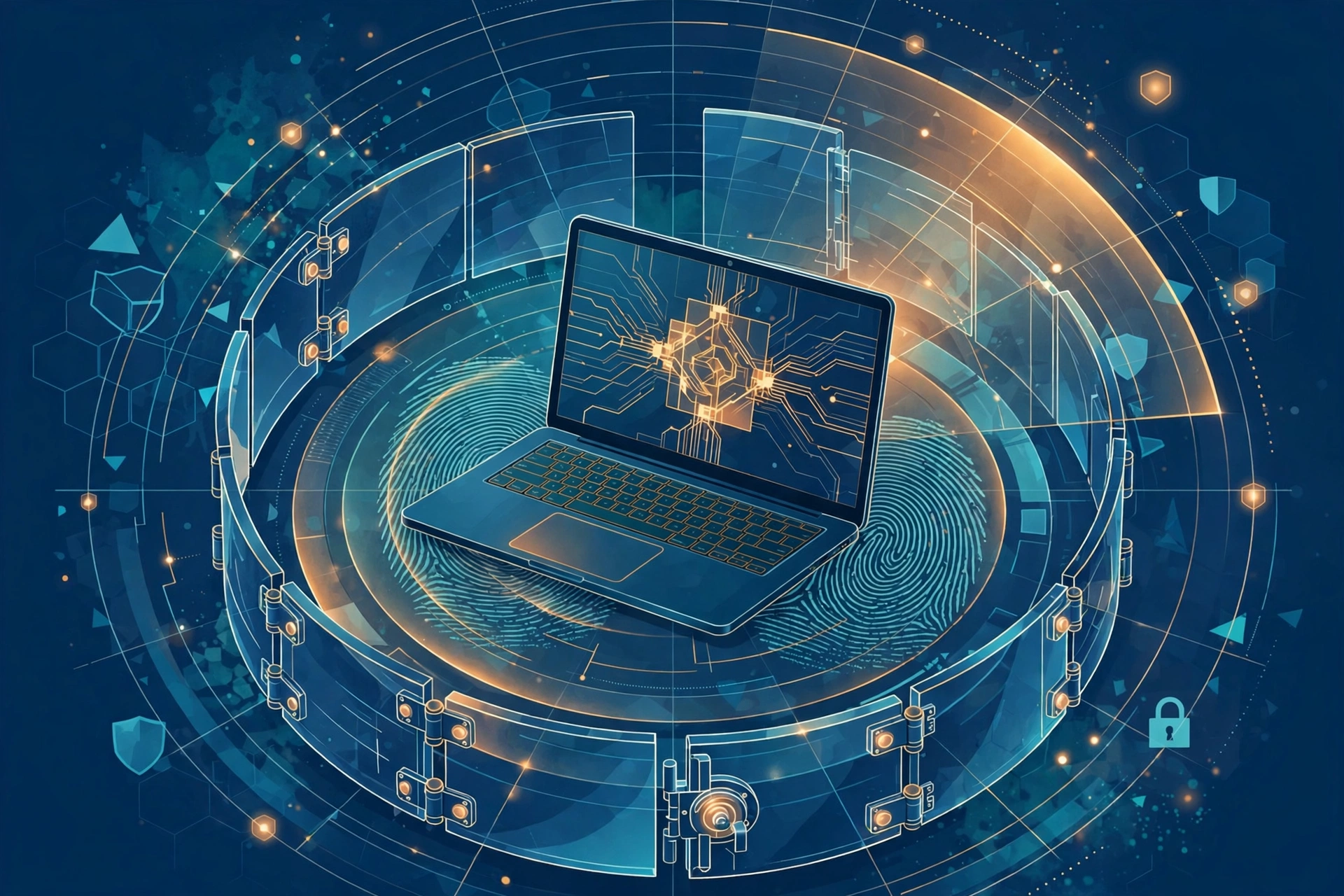 A developer laptop protected by layered translucent security barriers — vault panels, concentric scanning rings and a threat radar sweep