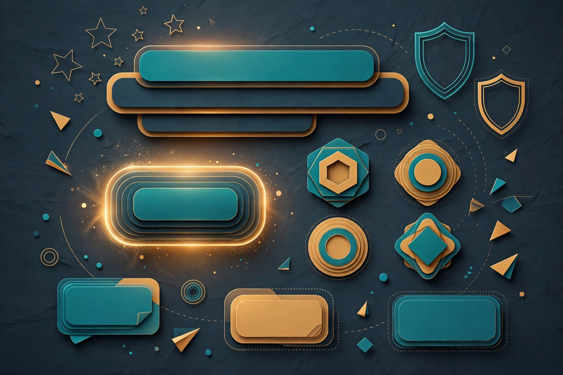 Landing page hero anatomy: layered headline, glowing CTA button and trust-signal badges in an abstract premium layout