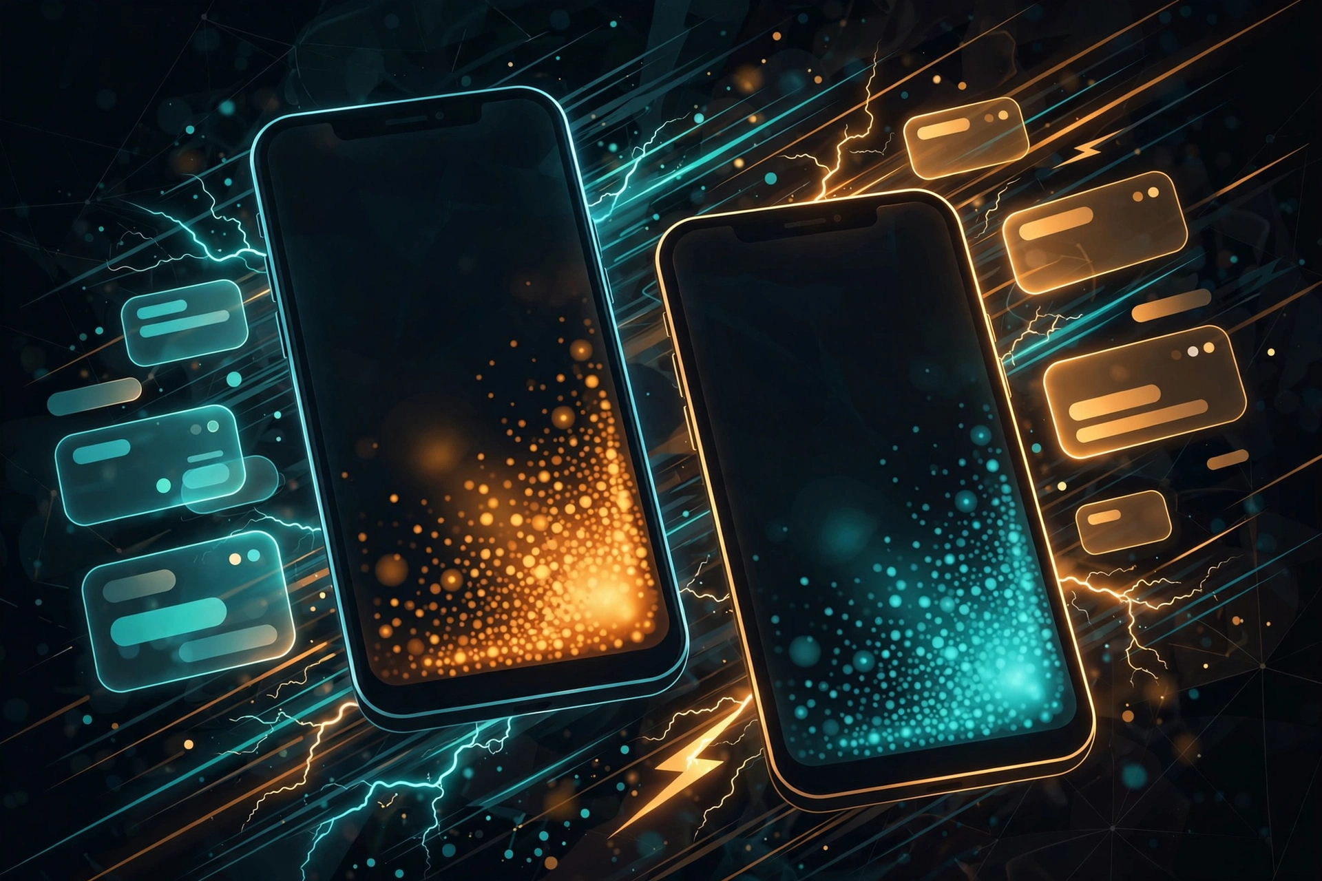 Mobile-first landing page concept: oversized phone silhouettes with thumb-zone heatmap shapes and speed motifs