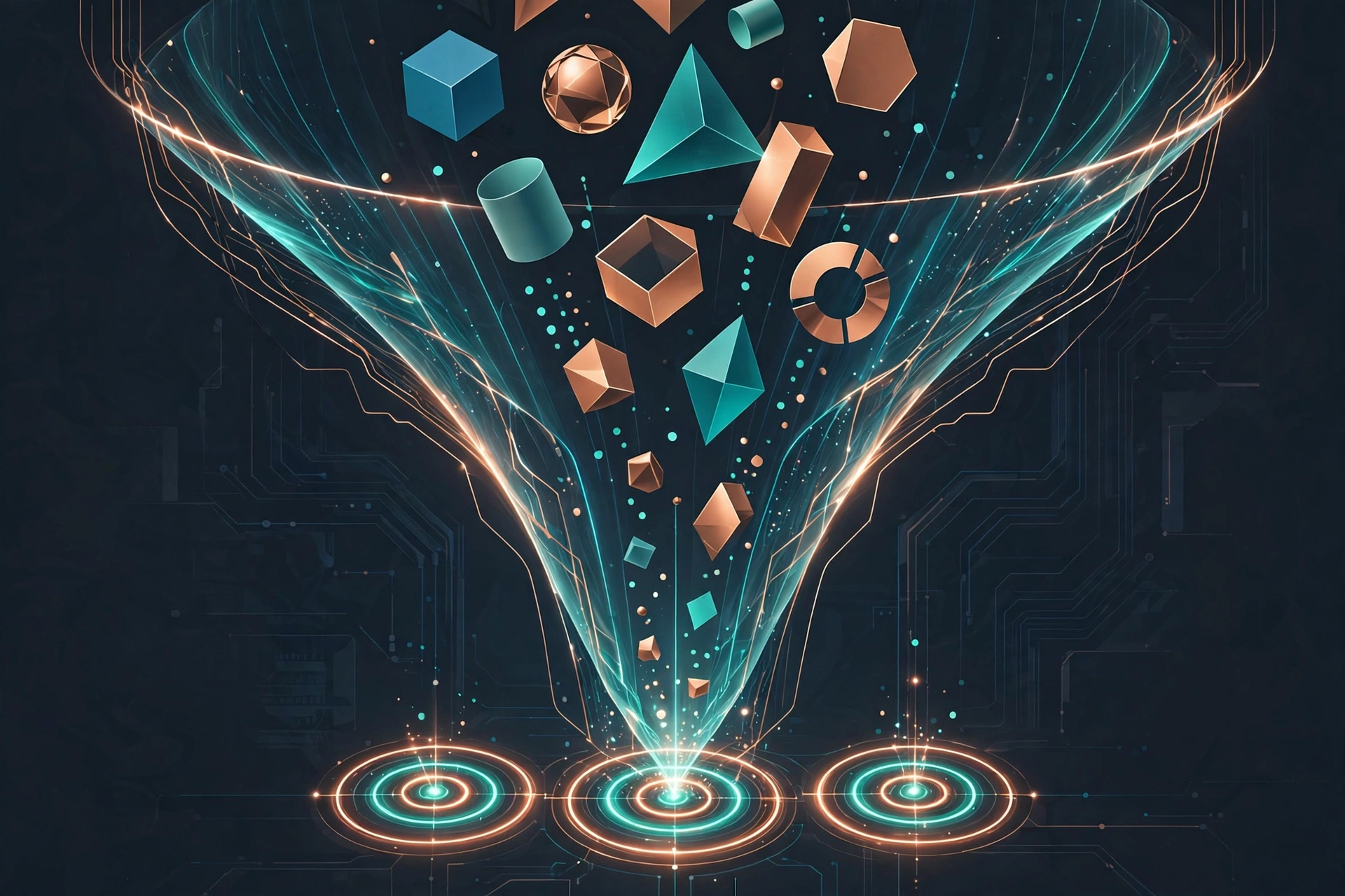 Abstract visualisation of an advertising algorithm sorting diverse ad creatives through a glowing funnel toward targeted audience circles