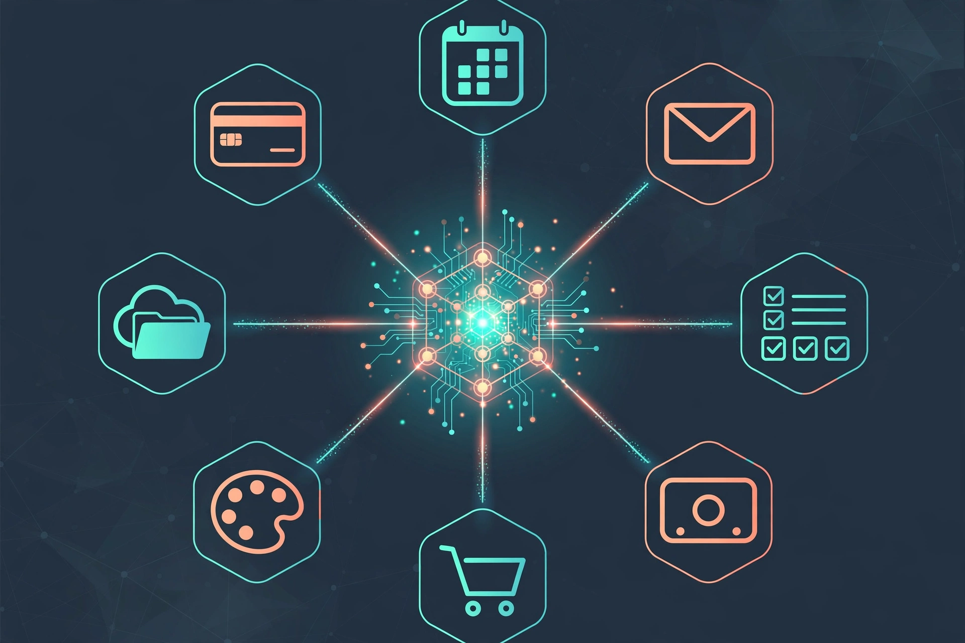 A small business owner shaking hands with a glowing AI assistant beside floating sales dashboards and order notifications