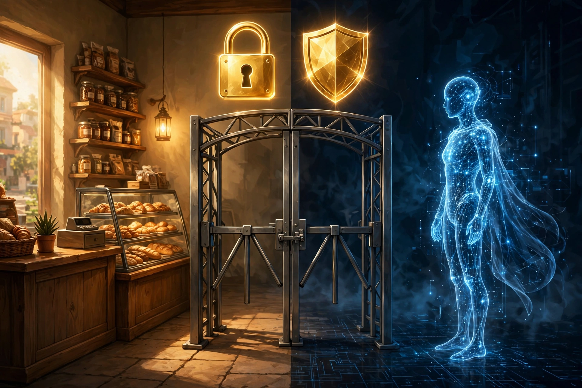A glowing approval-gate checkpoint between a small shop counter and an AI assistant, with a gold padlock and shield