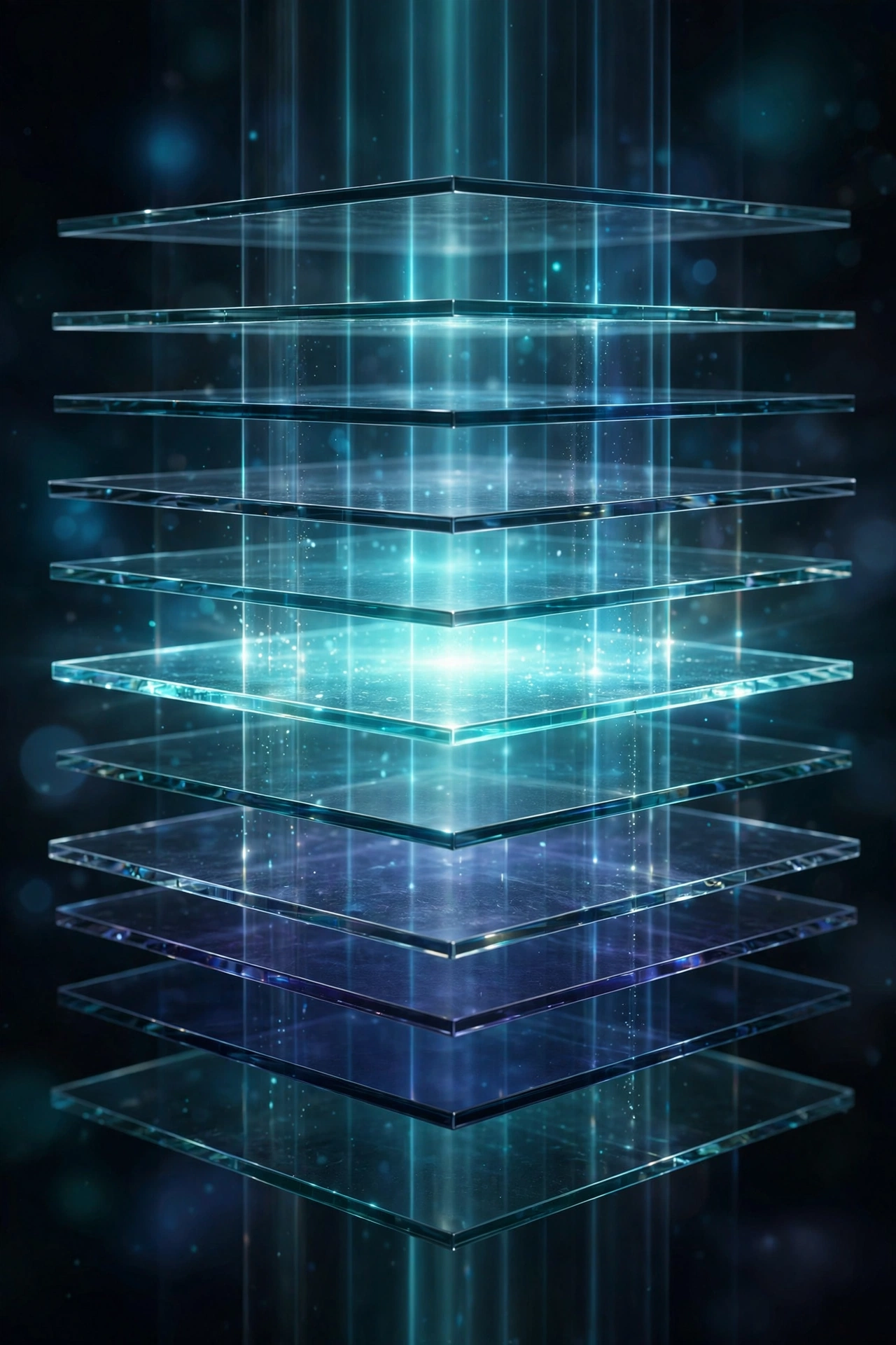 Diagram-style abstract of layered cached content panels in teal and indigo