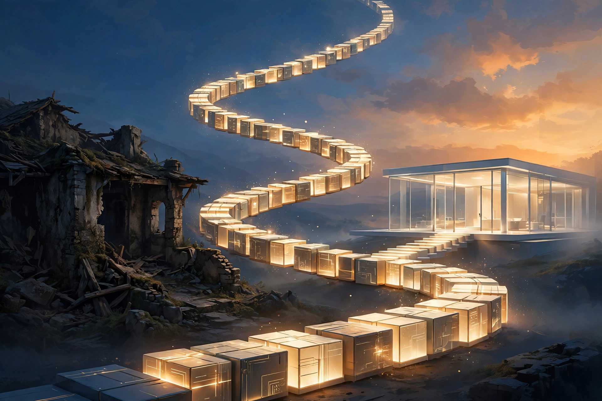 Abstract of an illuminated ascending path from an old dim structure to a bright modern glass pavilion