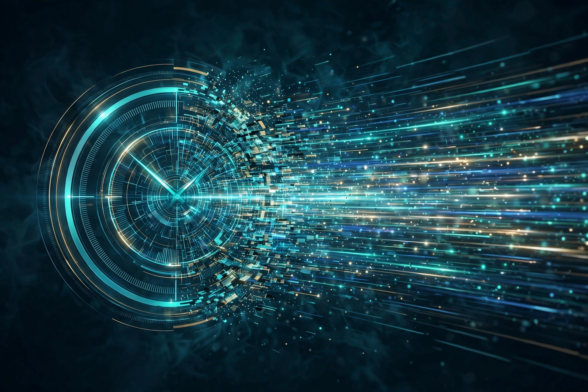 Abstract illustration of website performance: speed trails and a glowing dial on dark teal