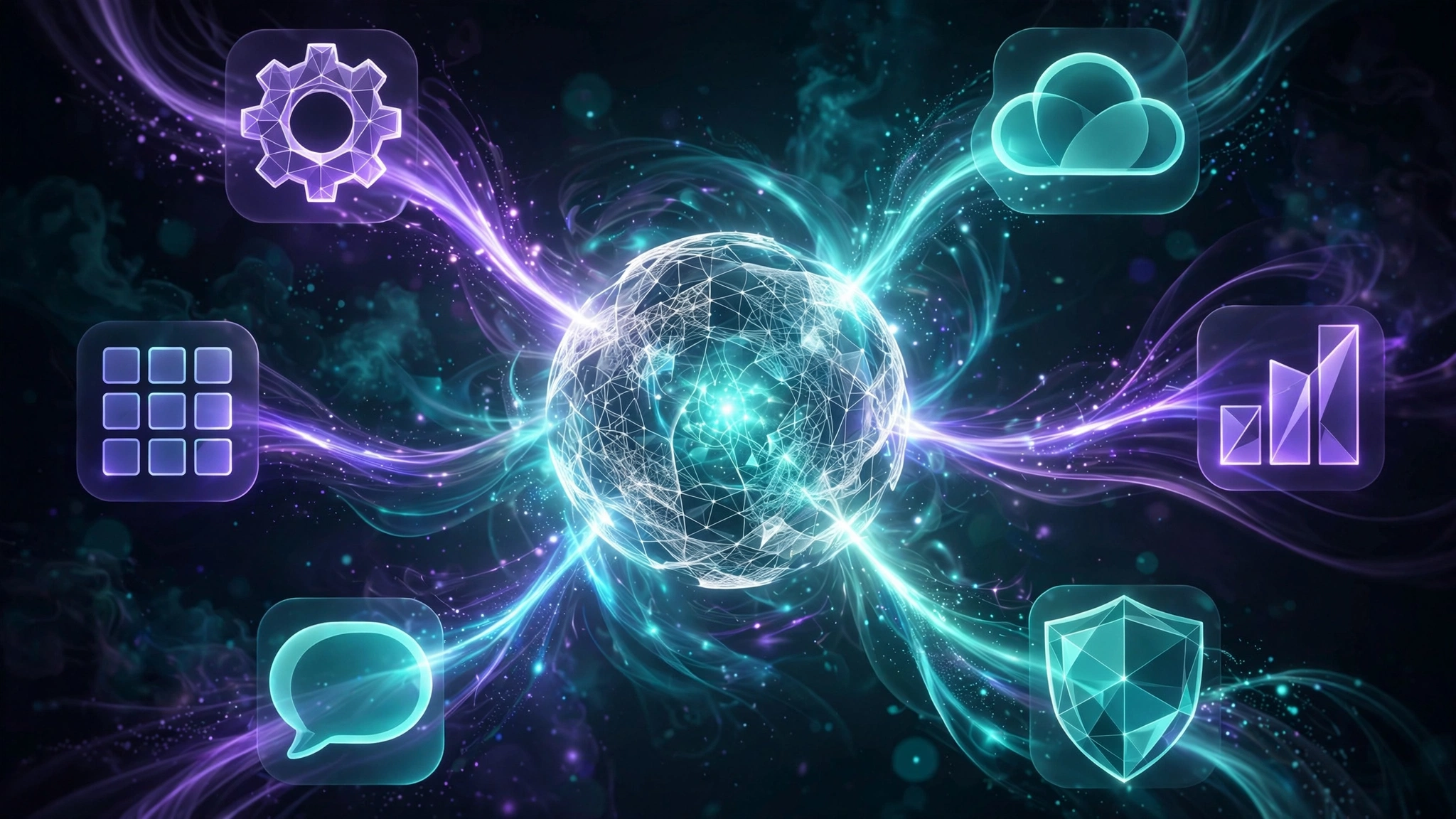 A glowing AI agent orb orchestrating a constellation of connected business apps with flowing light streams