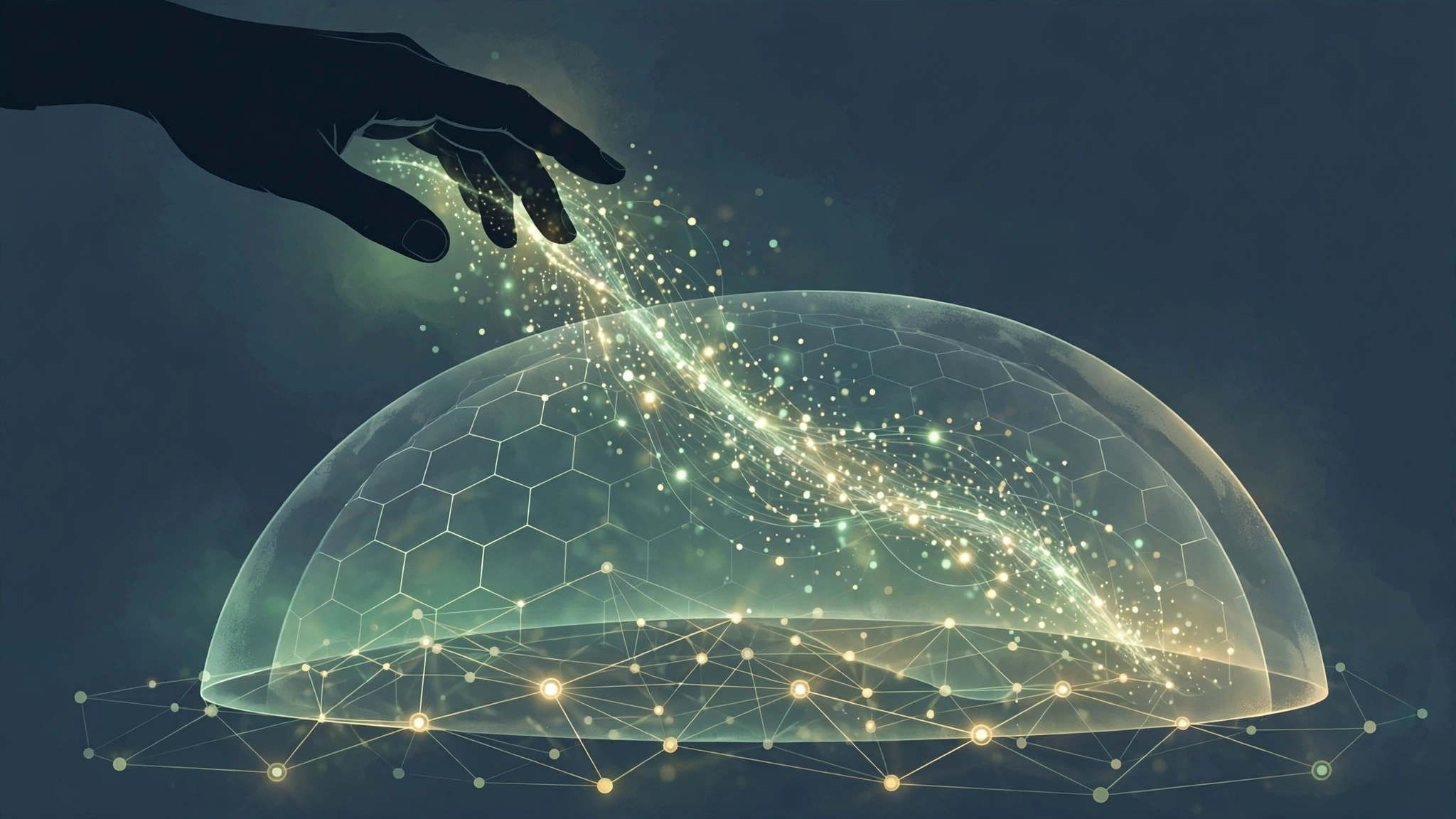 A human hand guiding a glowing stream of data through a protective shield over a network of nodes, symbolising human oversight of AI agents
