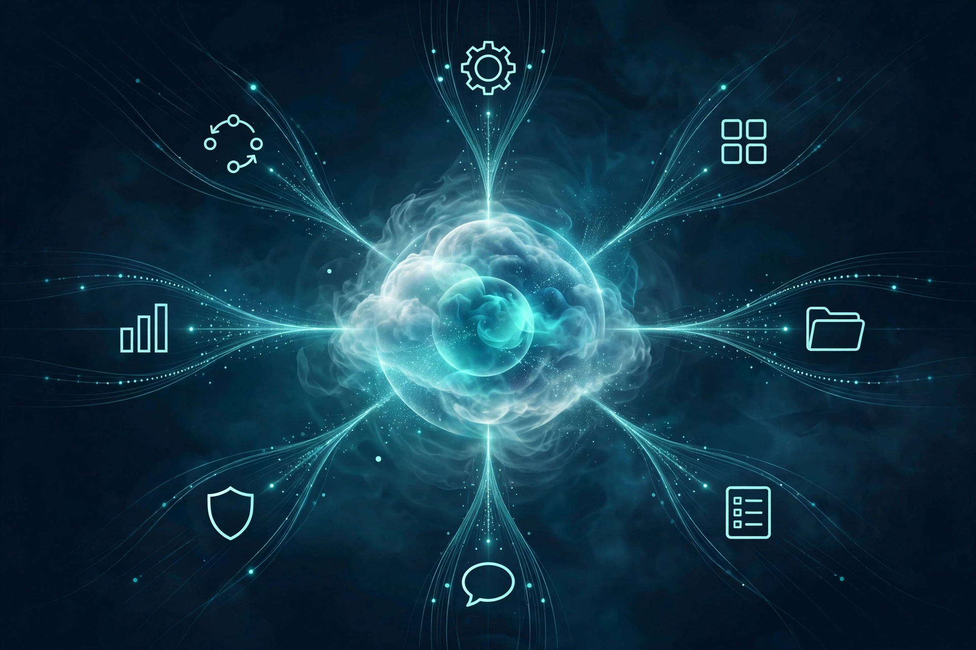 A luminous central orb radiating autonomous workflow streams to connected business apps — a persistent AI agent at work