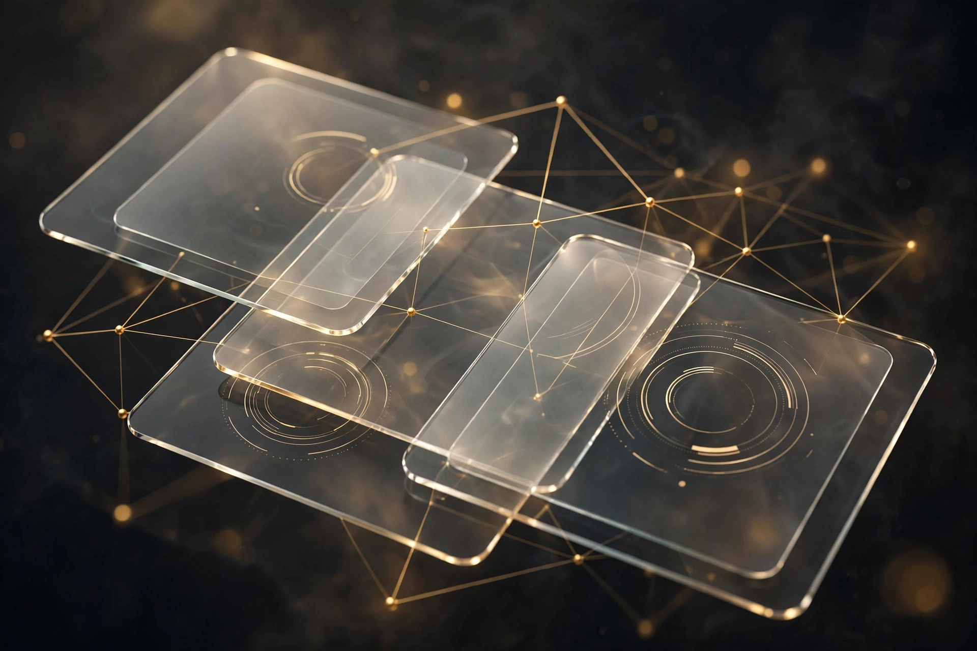 Translucent layered cards and connected nodes suggesting cost dashboards and governance controls for AI agents