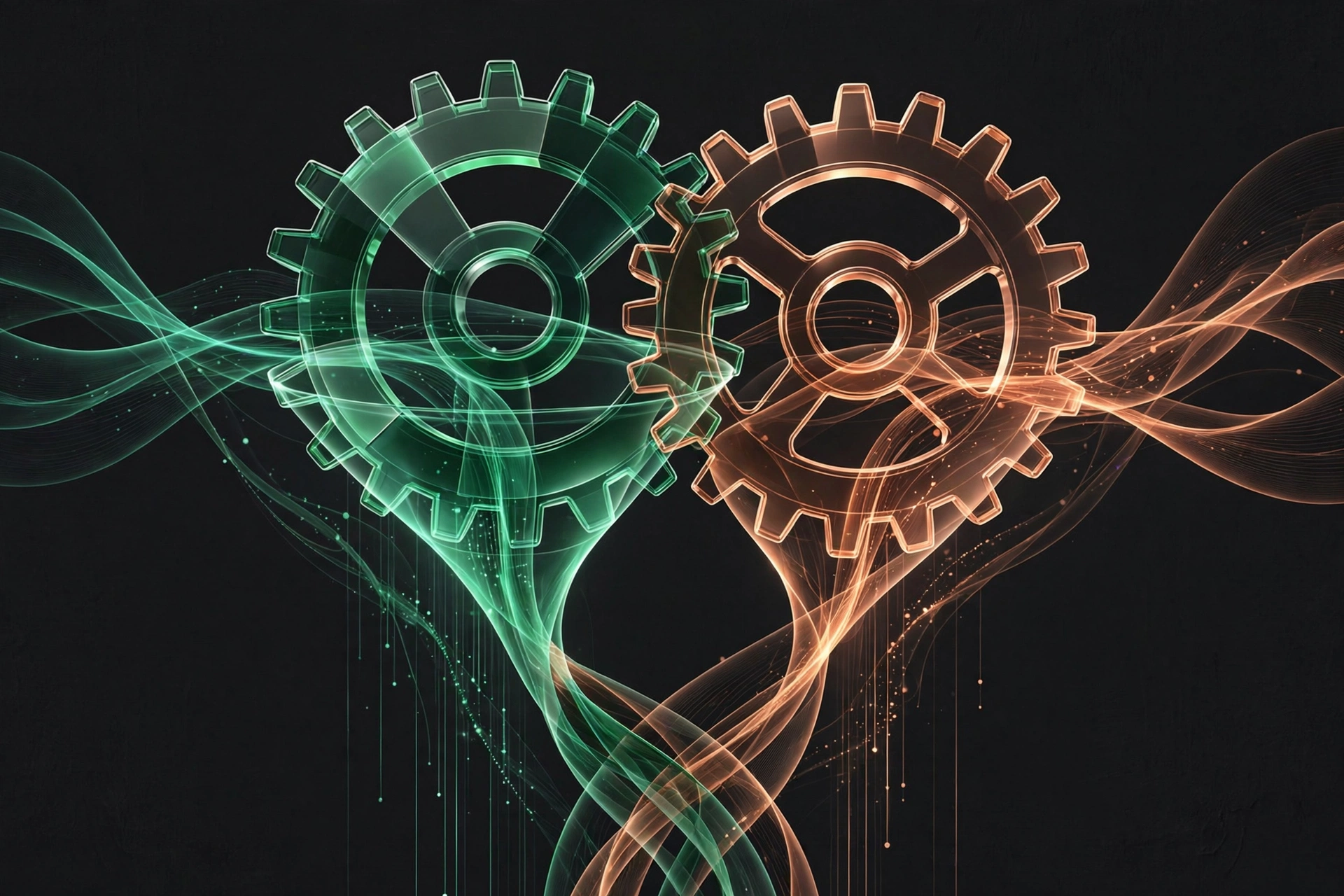 Abstract interlocking translucent gears and flowing data ribbons in emerald and copper tones, representing the coordinated machinery of a hybrid go-to-market engine