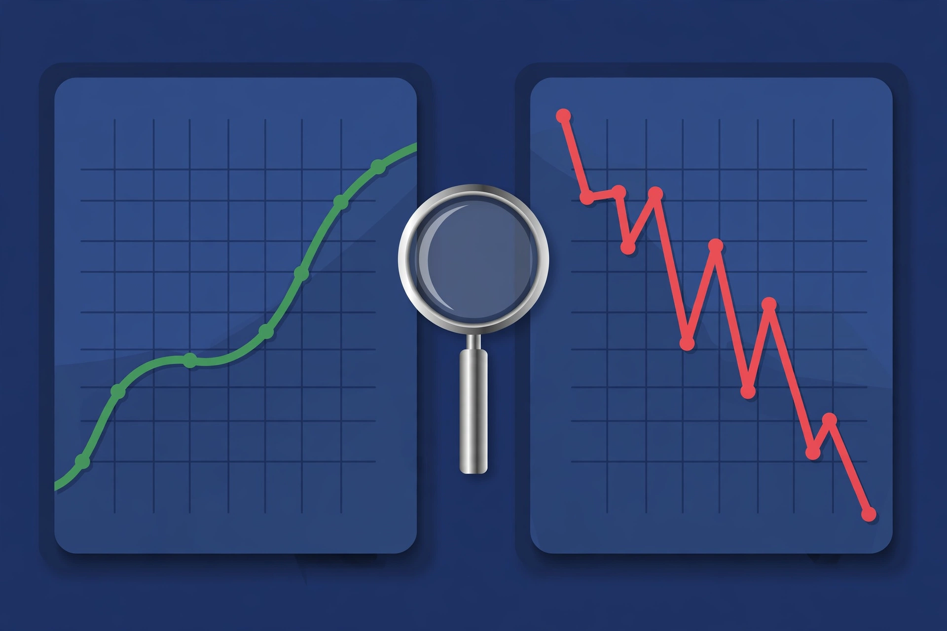 Two analytics dashboards showing a steady trend versus a sudden crash, with a magnifying glass between them