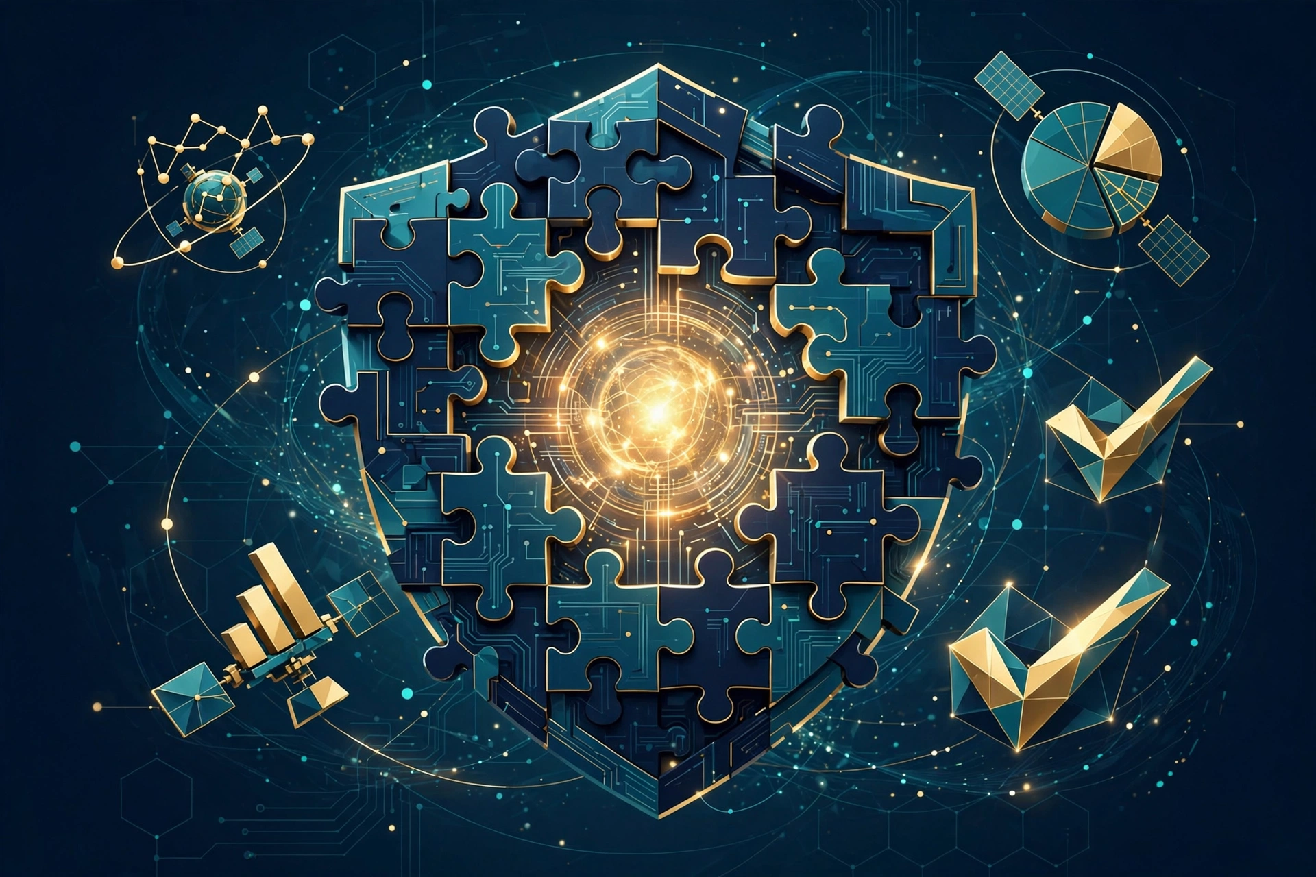 A verification shield of interlocking data pieces with orbiting analytics charts