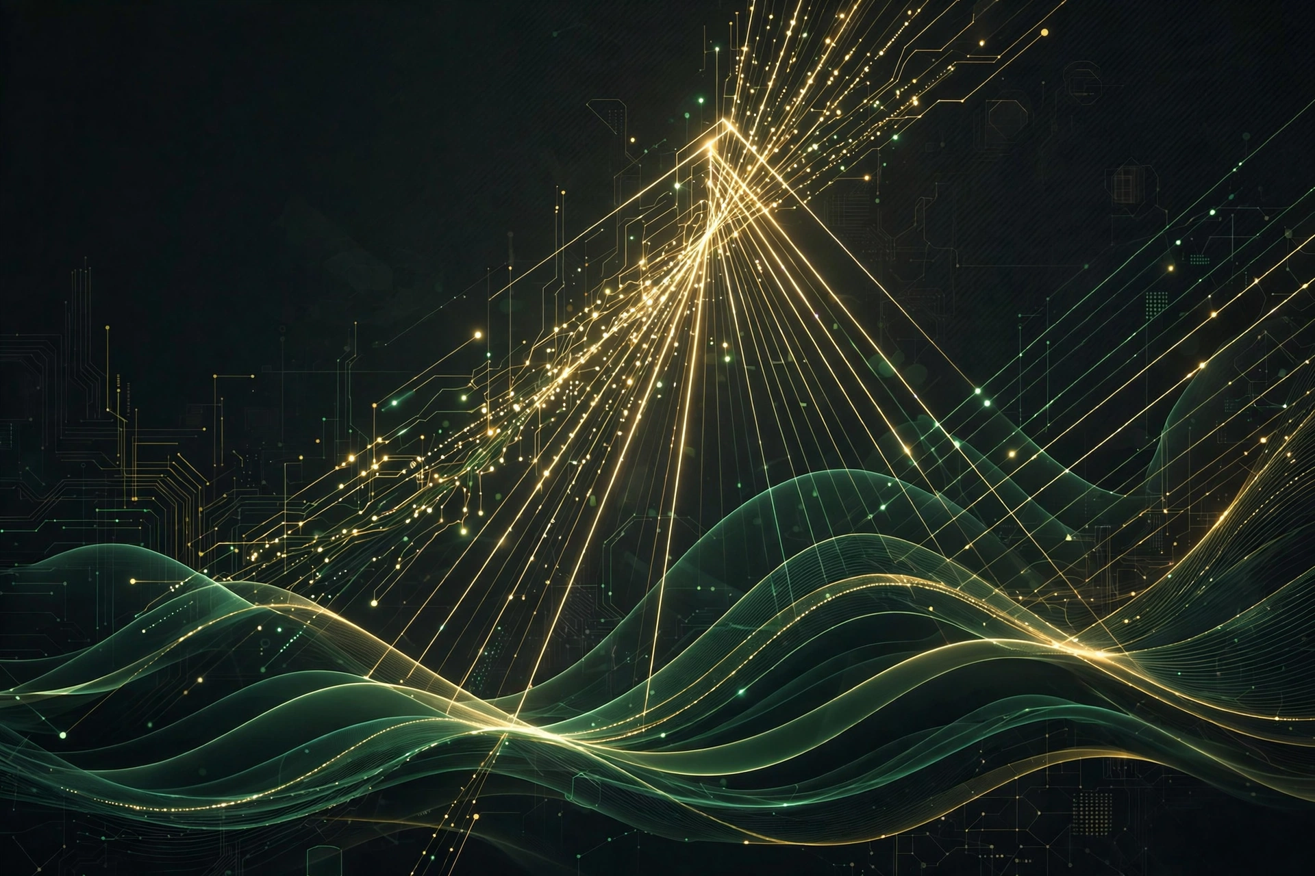 Abstract visual of market valuation waves rebounding, deep green and gold tones