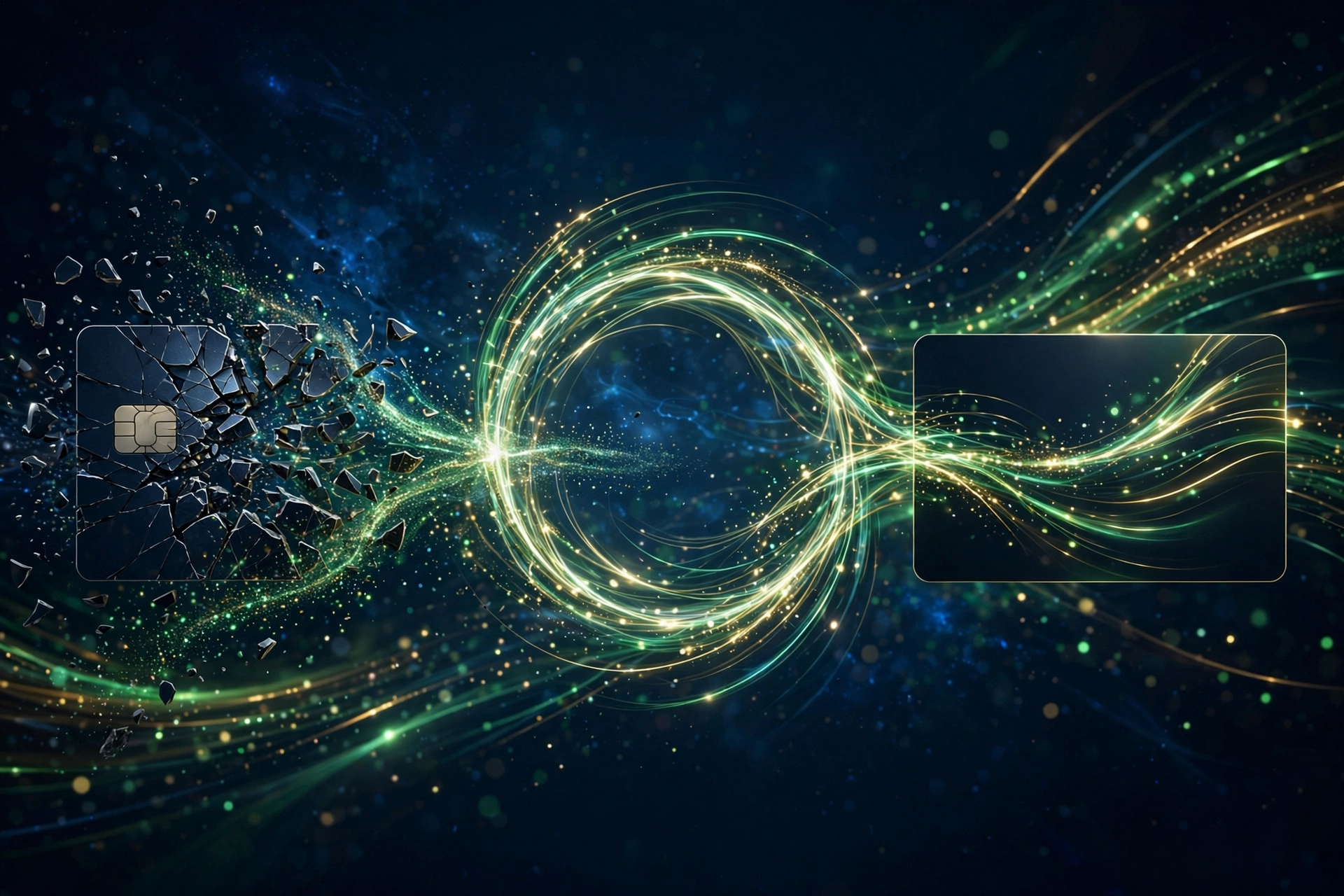Abstract illustration of failed payment recovery: a broken card reassembling as it passes through a luminous retry loop