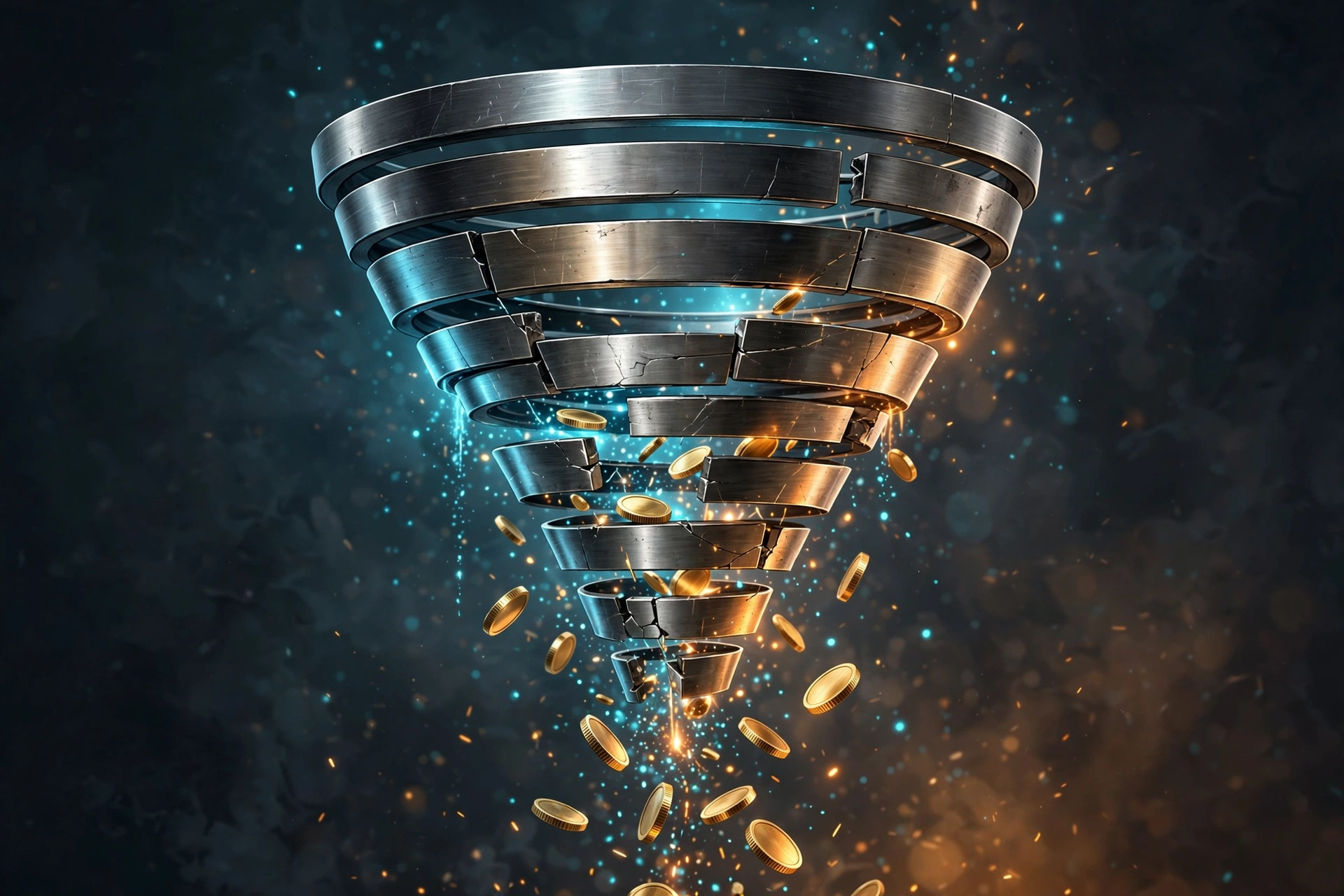 A funnel with visible gaps where coins and light particles leak out, illustrating wasted acquisition spend