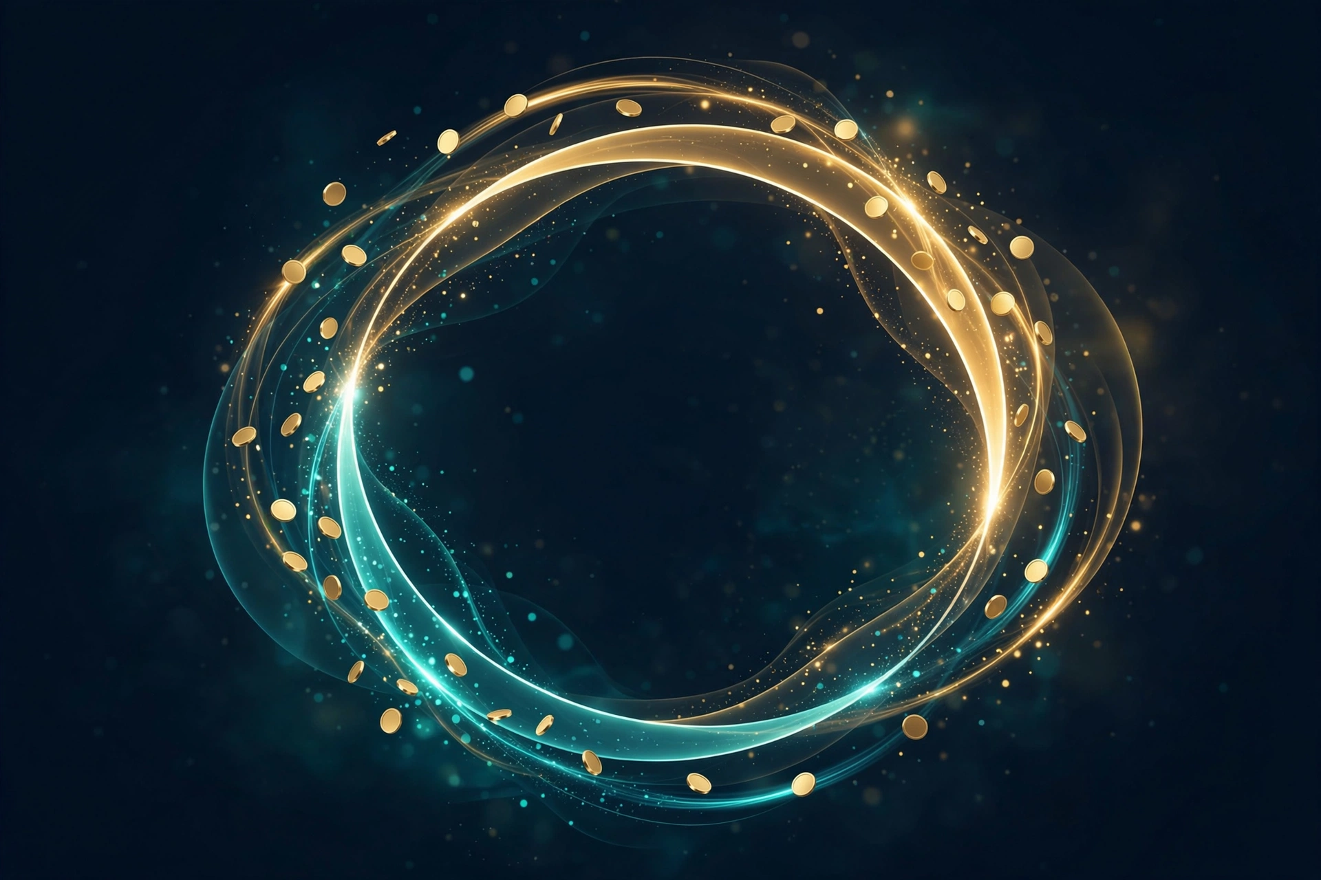 Two glowing arcs forming an endless flywheel, with coins flowing around the loop instead of leaking out