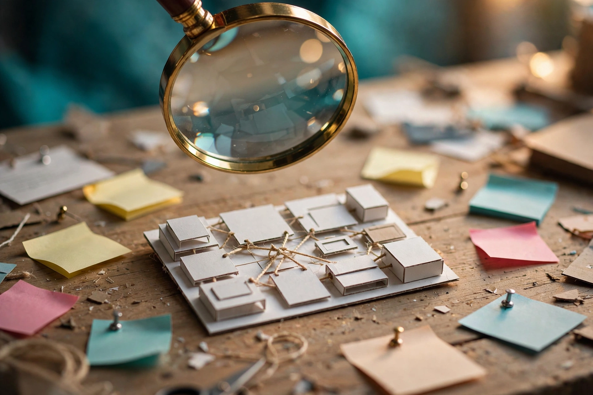 A magnifying glass hovering over a paper prototype of a software dashboard, surrounded by pinned feedback cards
