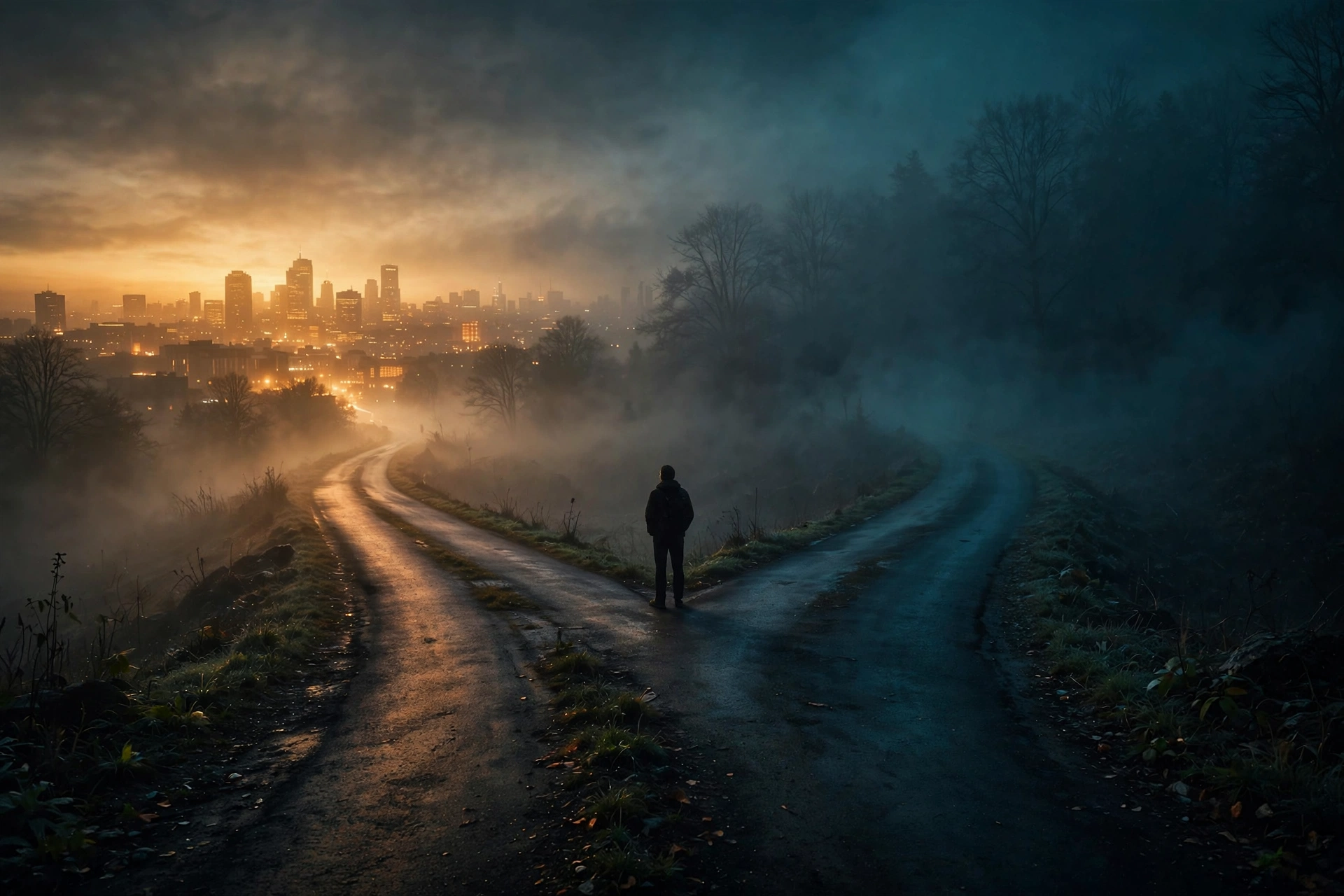 A lone silhouette at a fork in the road at dawn, one path lit toward a skyline and the other fading into fog