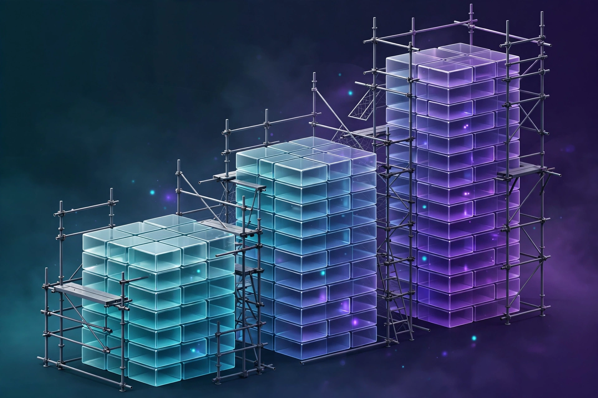 Three rising glass platform tiers in teal-to-violet gradient, representing SaaS MVP pricing tiers