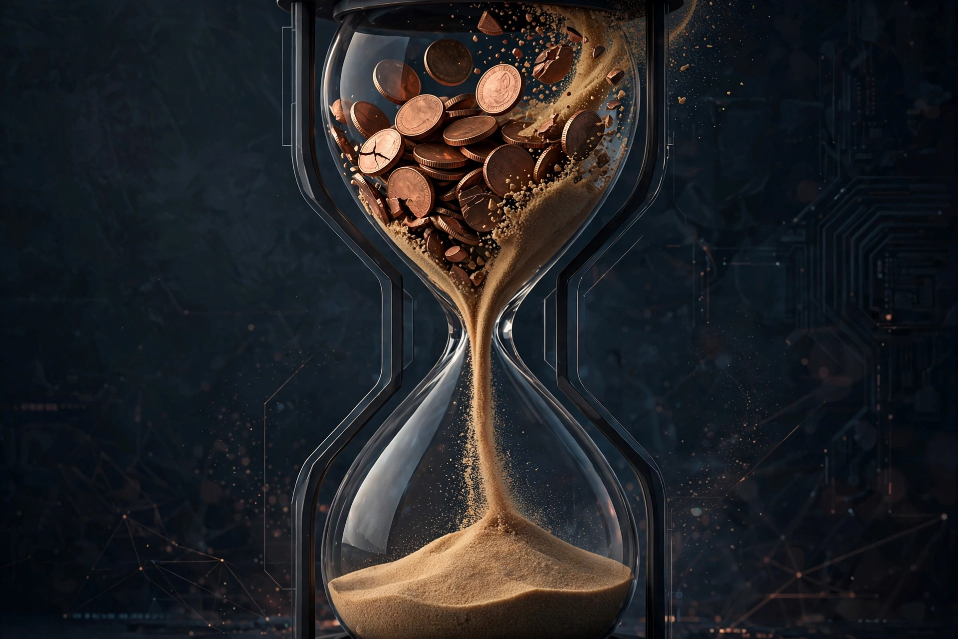 Copper coins dissolving into sand pouring into an hourglass on dark slate, representing wasted startup budget