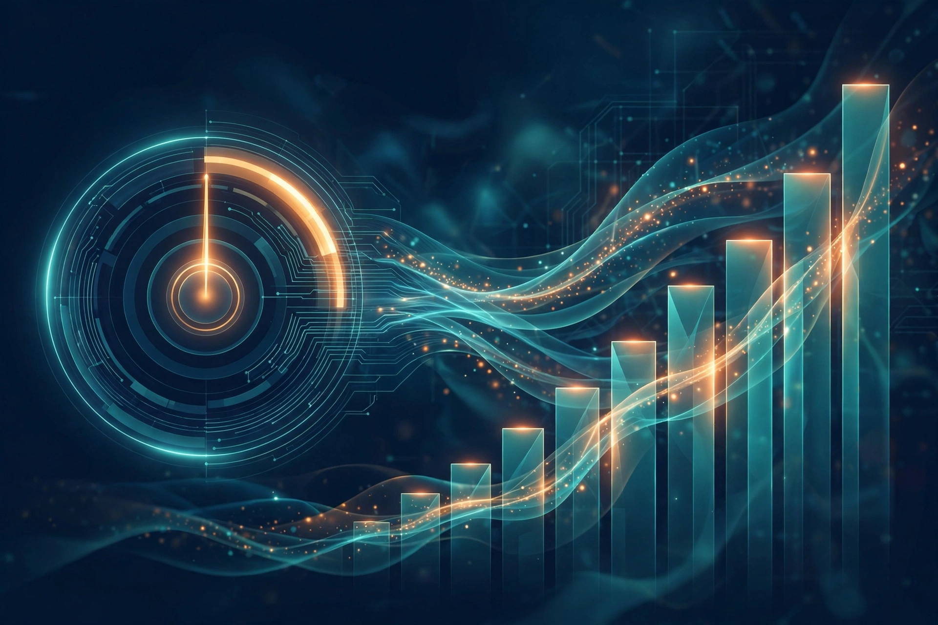 A glowing meter dial with flowing data streams turning into ascending bars, visualising usage-based pricing measurement