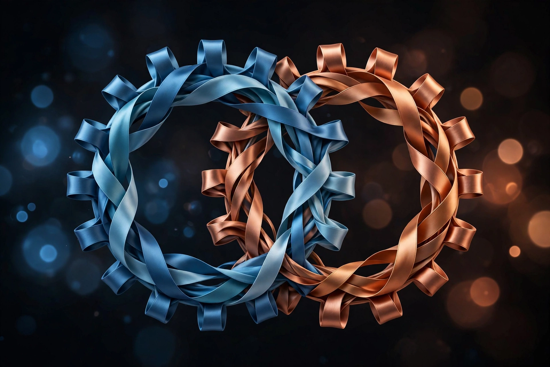 Two interlocking gears formed from flowing ribbons in blue and copper tones, representing hybrid pricing models blending together