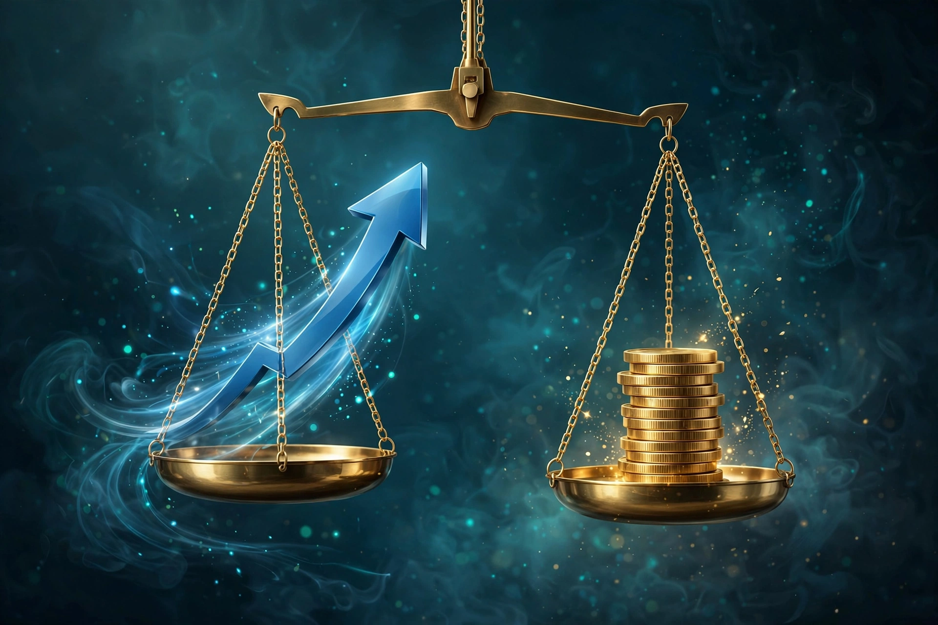 An abstract illustration of the Rule of 40: a brass balance scale weighing growth against profit in a deep teal space