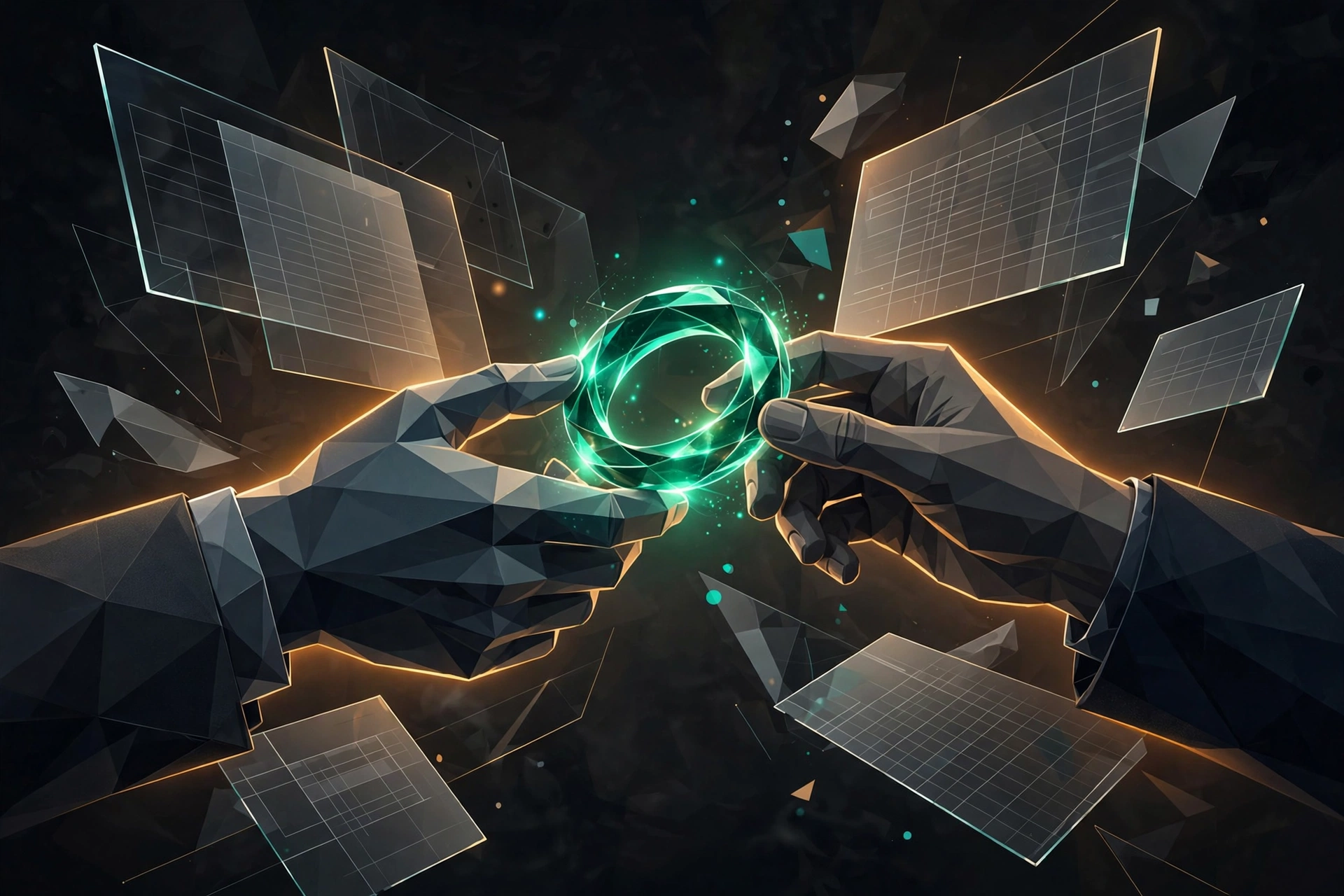 An abstract illustration of a founder deal: two geometric hands exchanging a glowing ring over dark contractual glass panels
