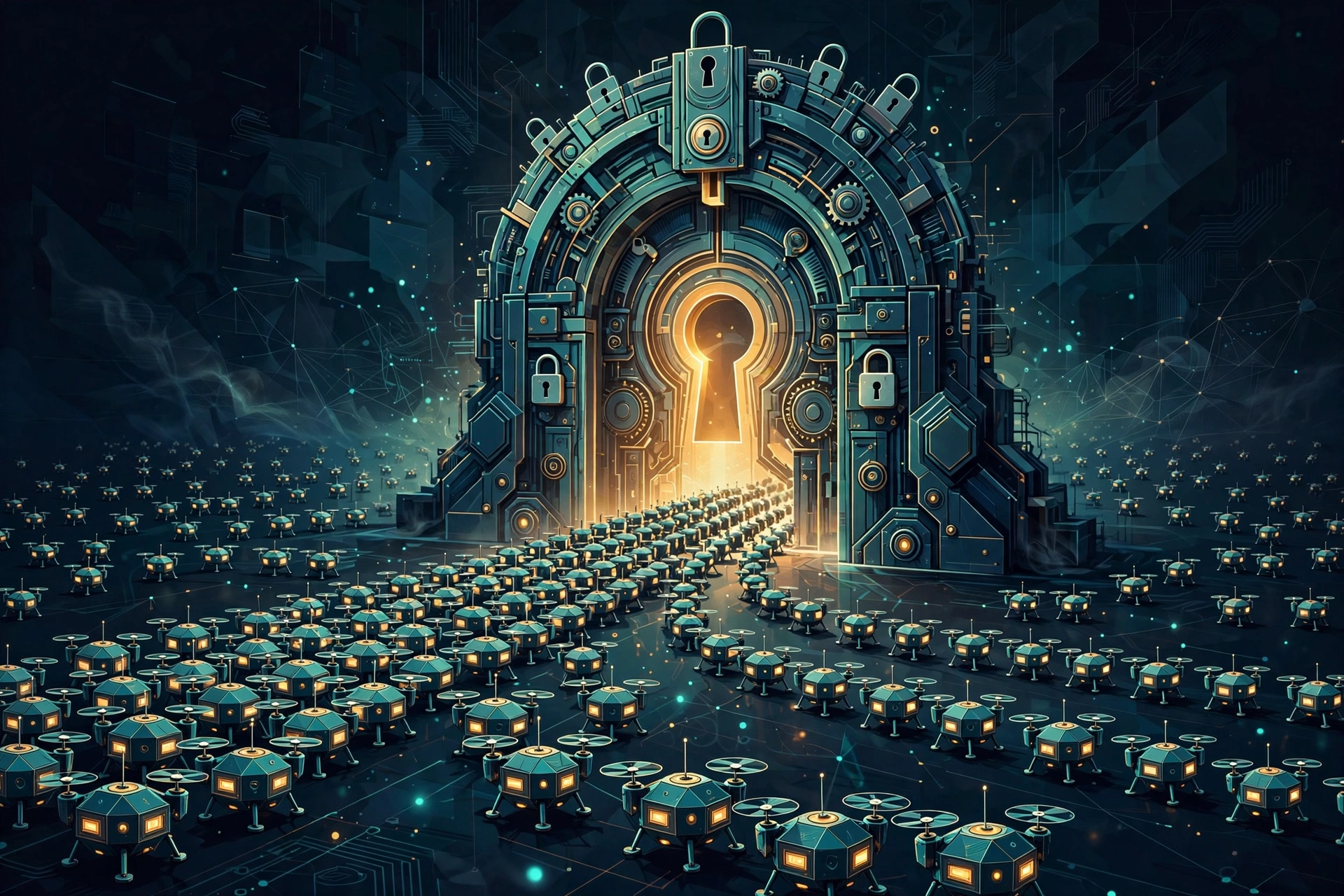 An abstract illustration of AI agents queuing through a luminous identity gate with lock motifs