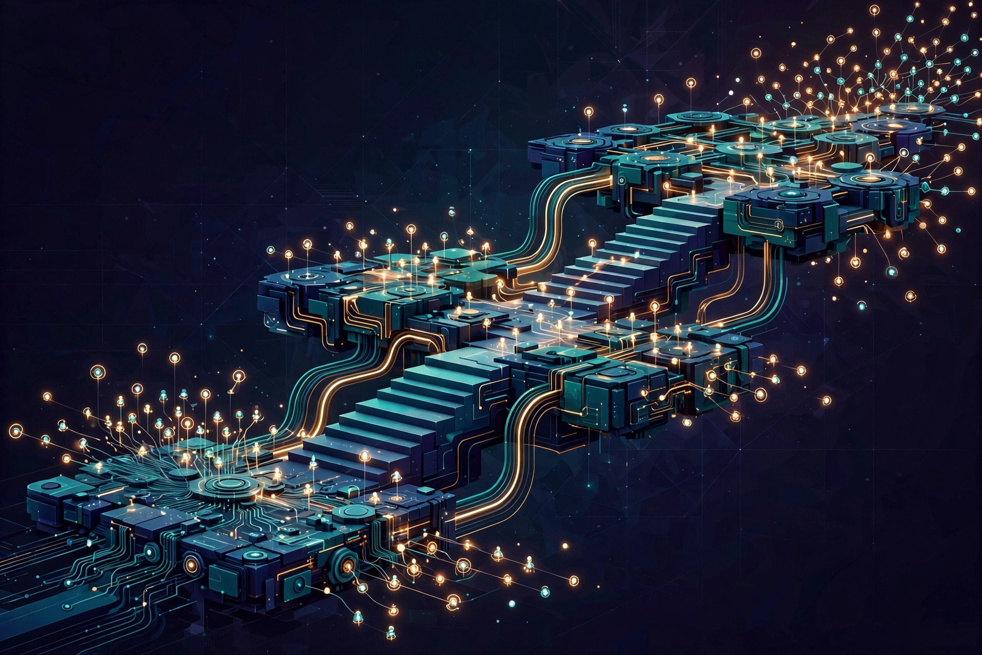 An abstract illustration of a stepped roadmap with agent shapes spreading across connected platforms