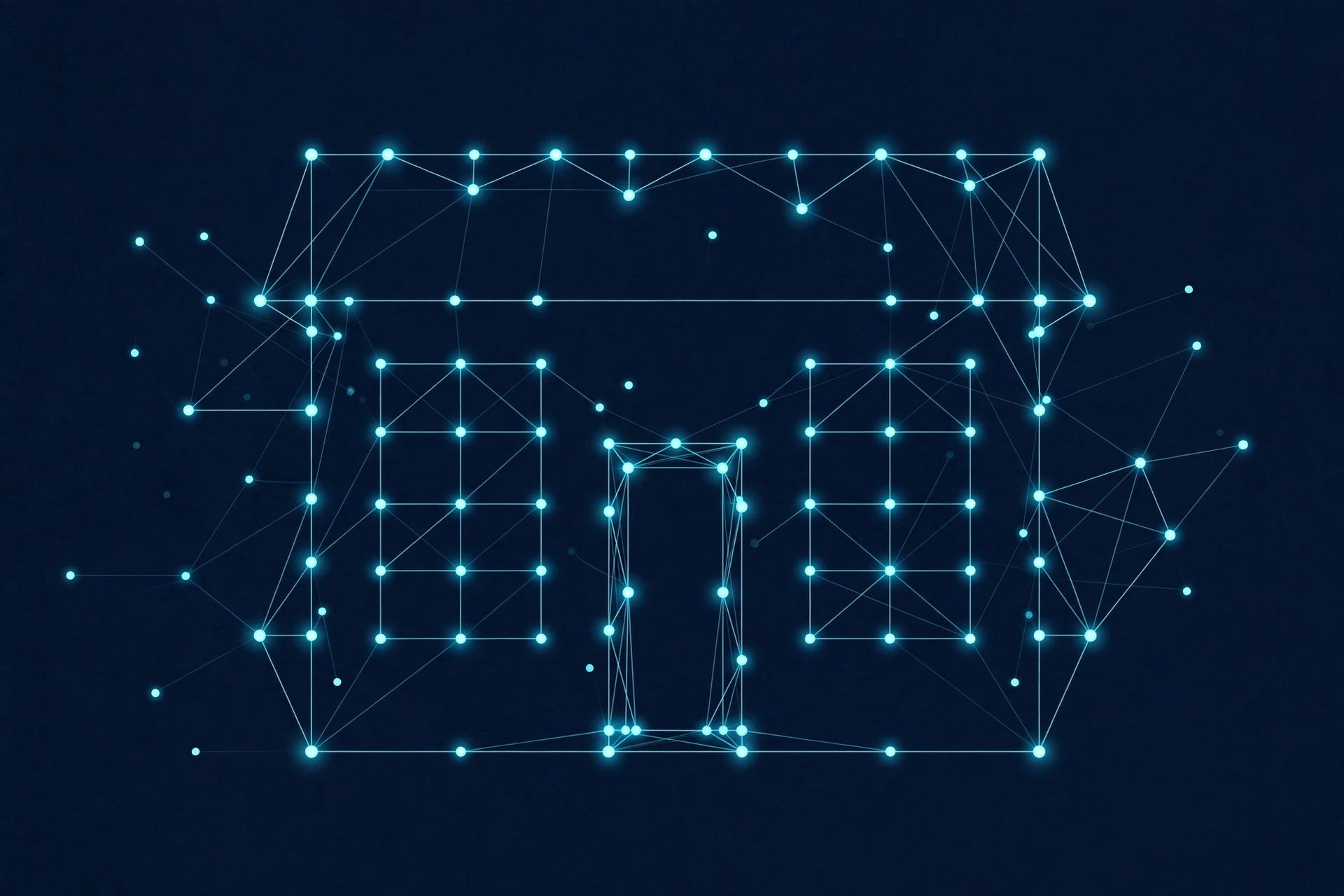 Abstract knowledge graph of glowing nodes connecting into a business storefront shape