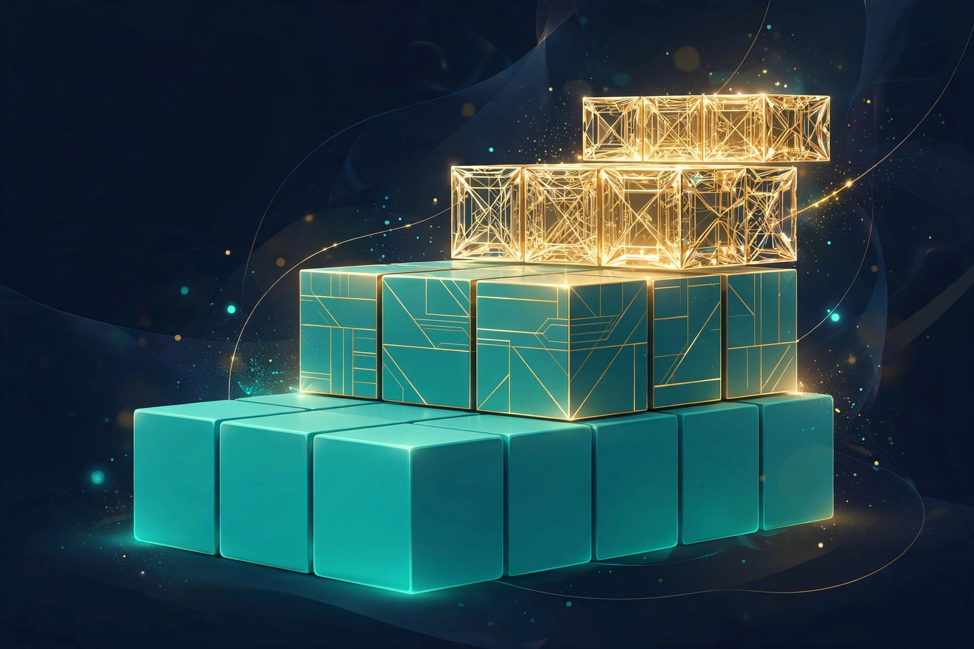 Three rising tiers of glowing blocks representing SEO service package levels from starter to enterprise