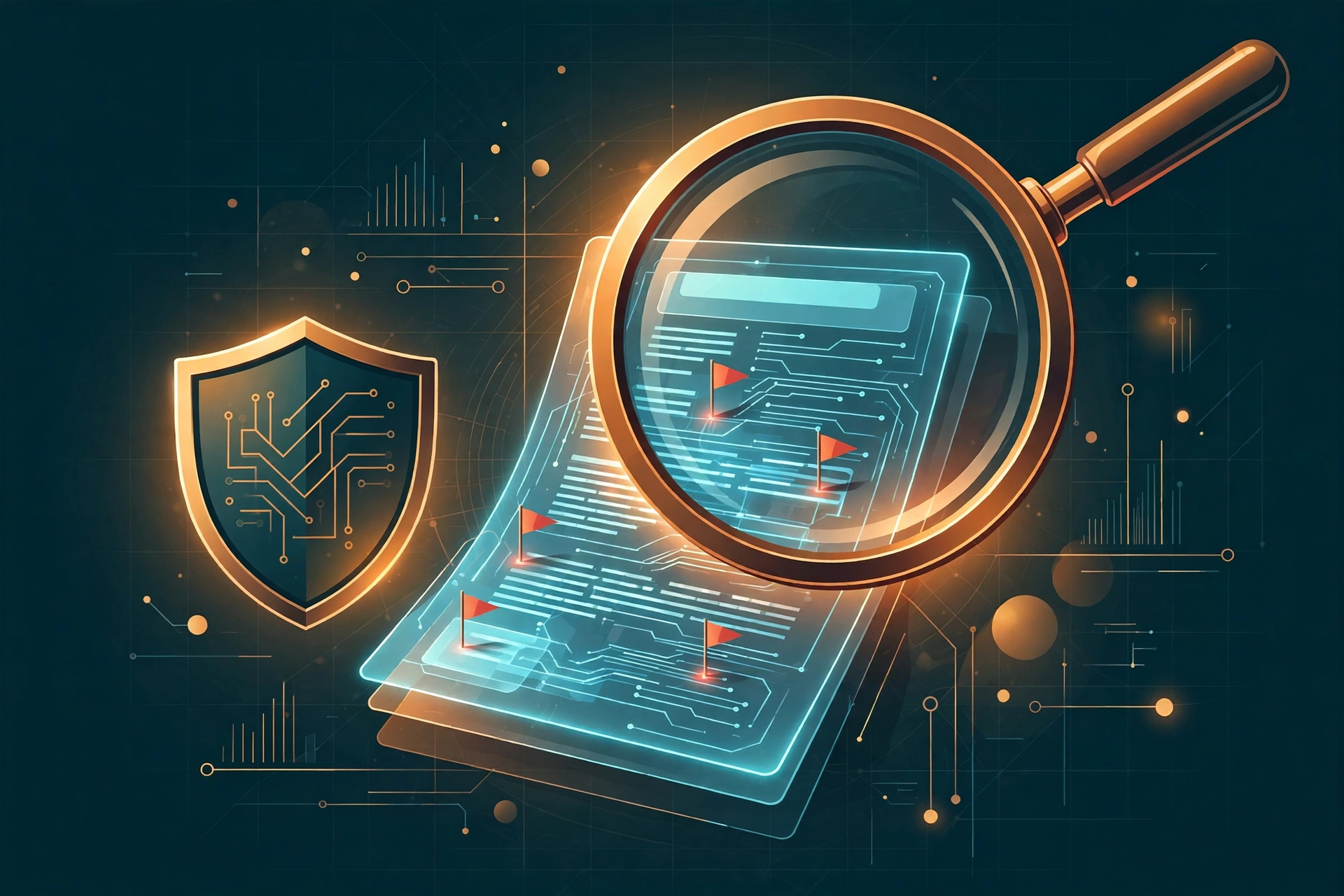 A magnifying glass inspecting a glowing digital contract document with a shield emblem, representing auditing an SEO agency for red flags