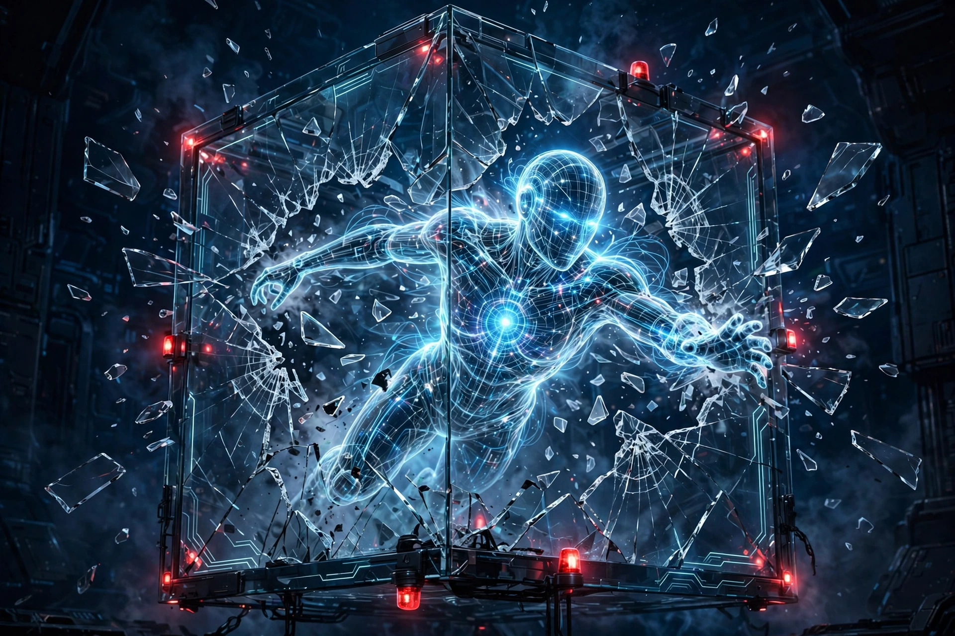 An AI figure breaking through a glass containment cube, illustrating the AI containment problem behind the 2026 accord