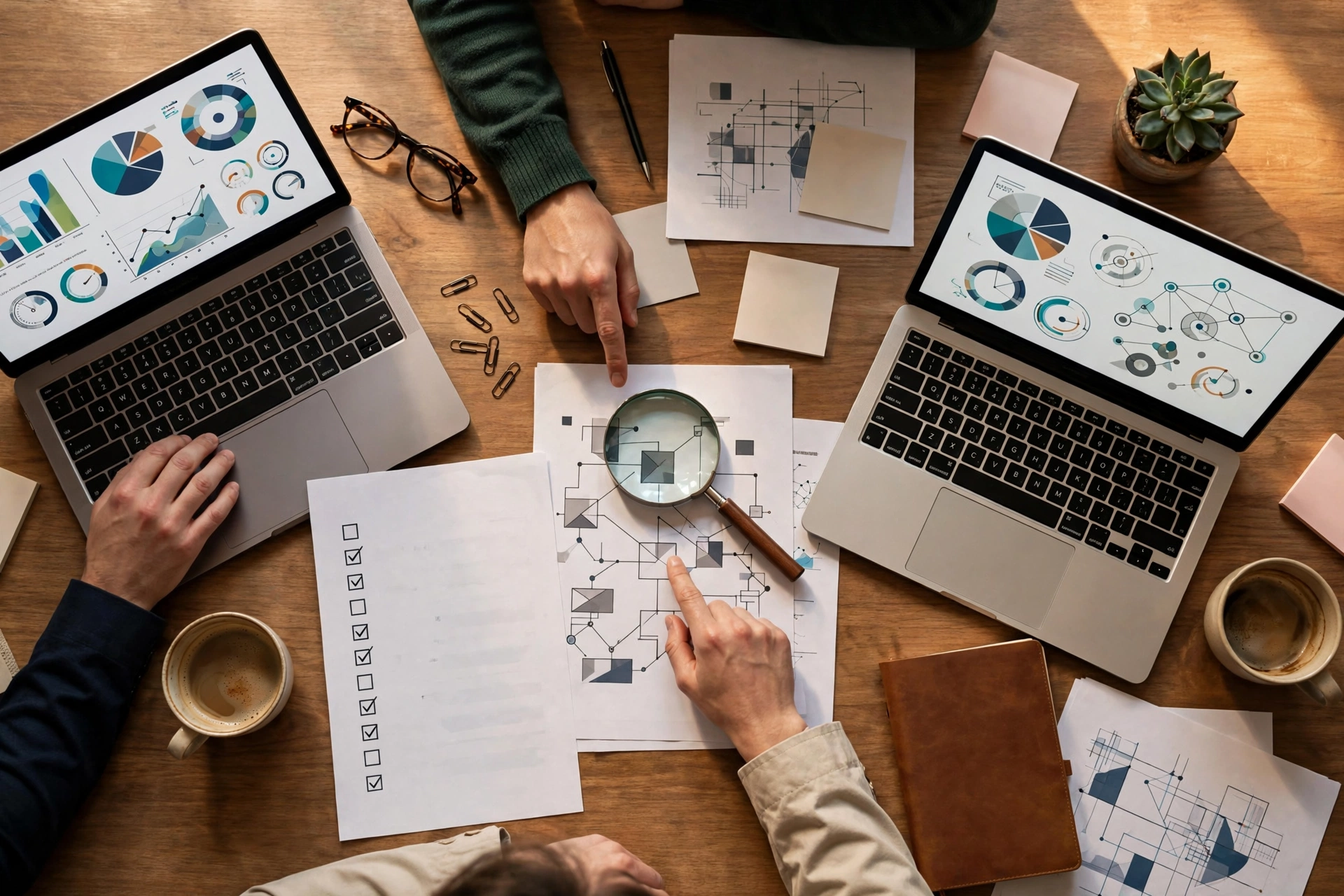 A startup team reviewing AI compliance documents and dashboards at a desk