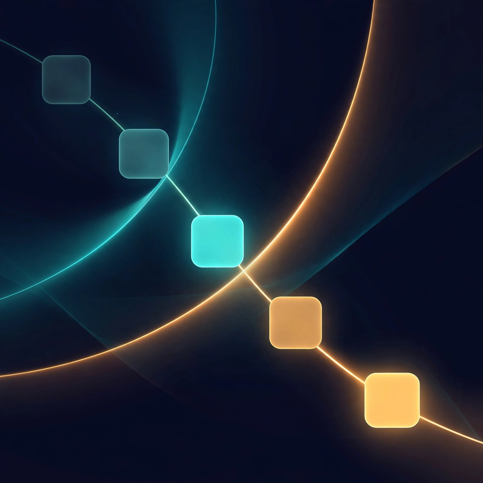 Abstract motion timeline: luminous easing curves with UI cards transitioning along them
