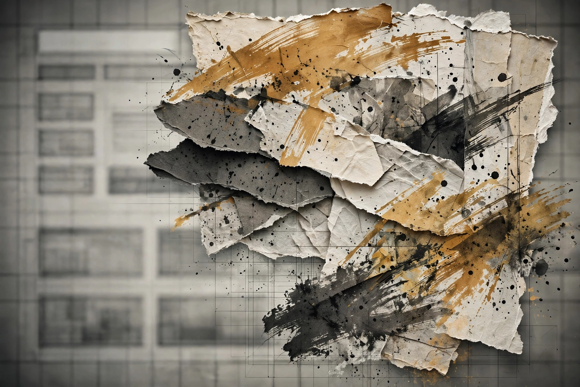 Digital grunge aesthetic: torn paper textures and ink brushstrokes layered over faint interface wireframes