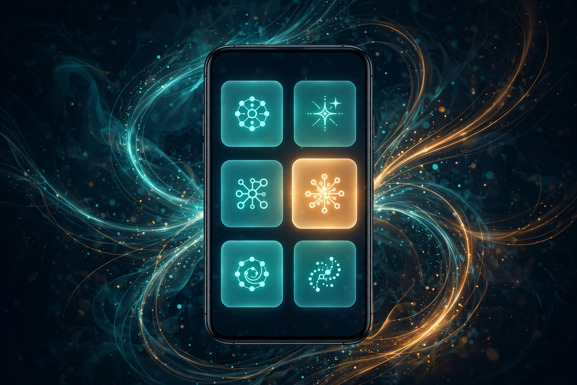 Illustration of a smartphone search choice screen showing multiple search providers including AI assistants as selectable defaults
