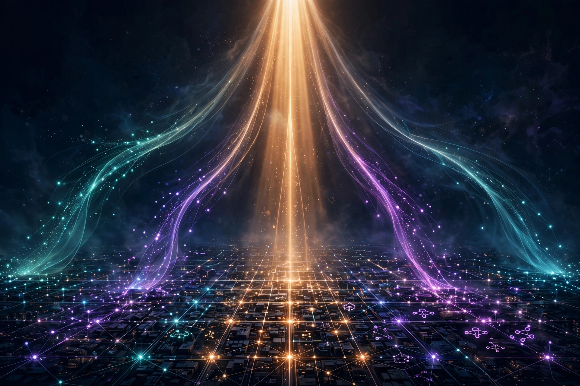 Abstract illustration of search traffic splitting from one dominant stream into several channels, including AI assistants