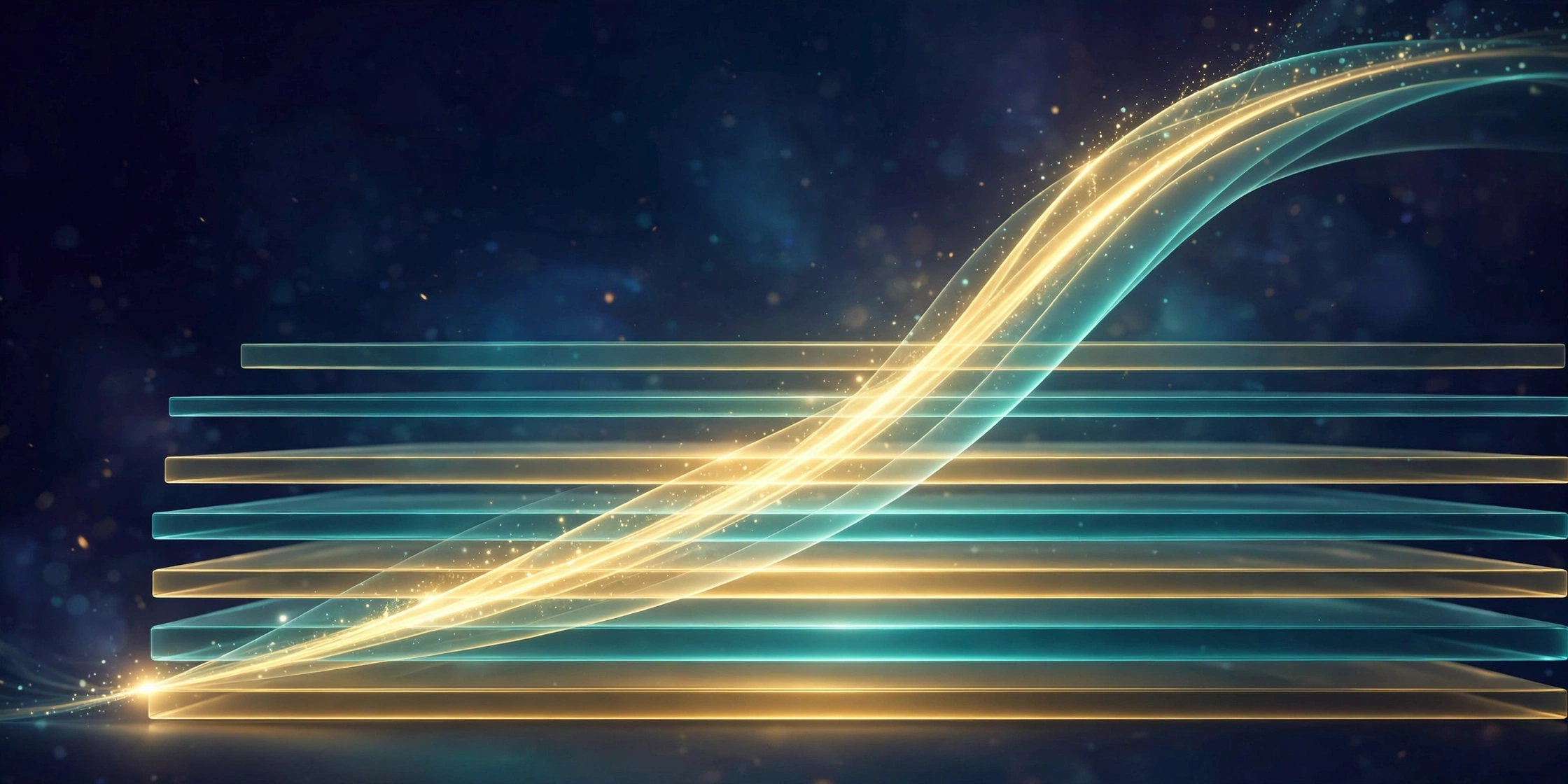 Abstract visualisation of stacked revenue layers with an ascending curve of light, representing embedded fintech revenue in vertical SaaS
