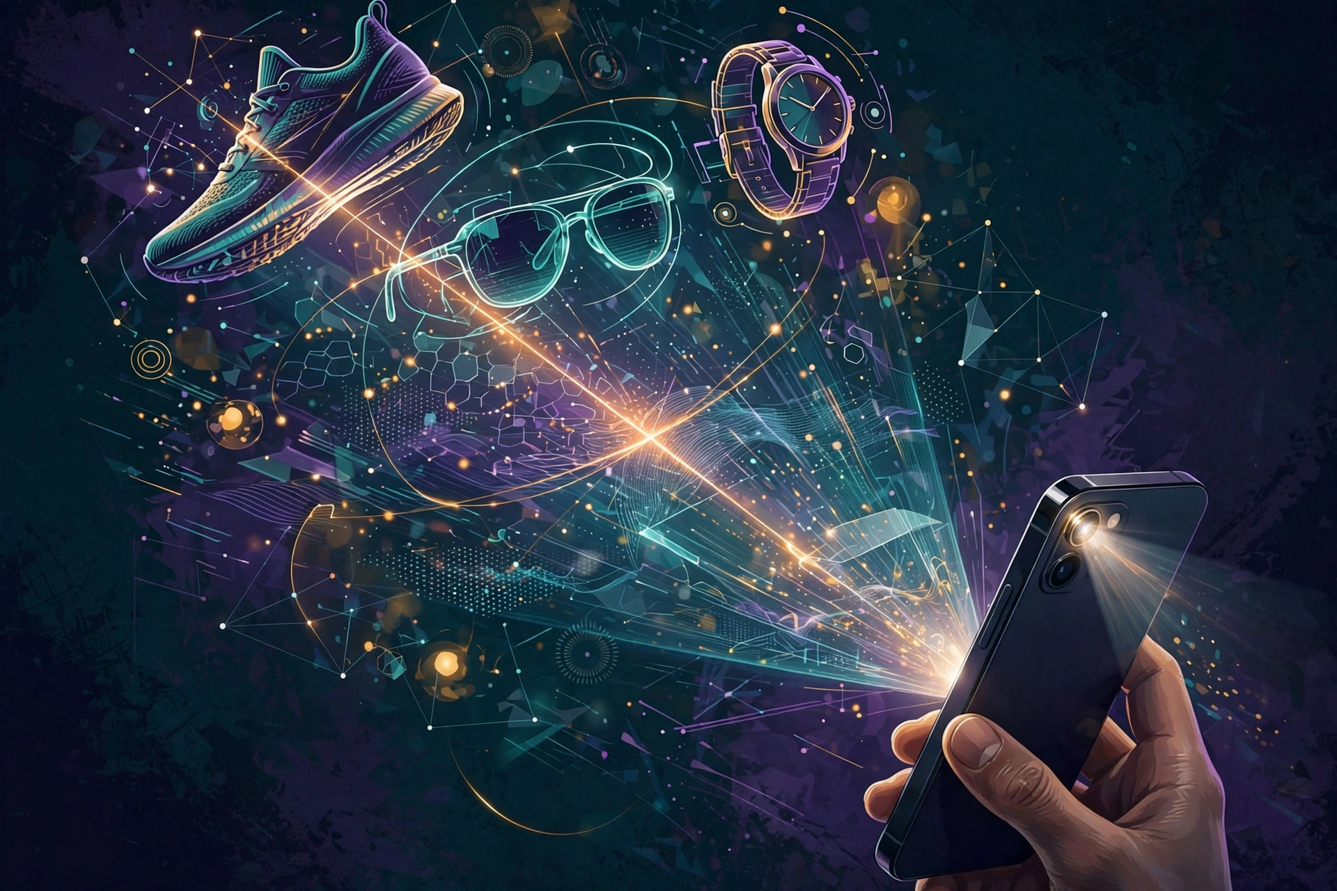 A shopper scans retail products with a phone camera, connecting physical objects to search
